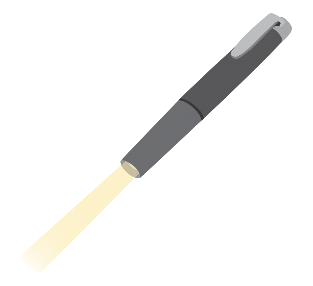 Pen shaped torch with button on one end and light shining from the other.