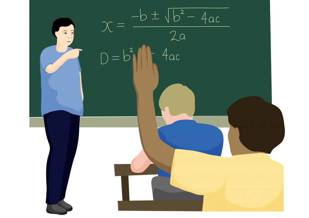 A teacher standing in front of a blackboard pointing to a student who is raising their hand.