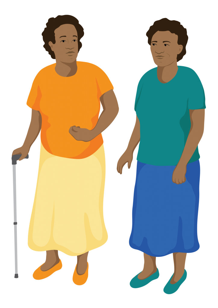 Aida, a woman, uses her walking stick to walk next to her friend.