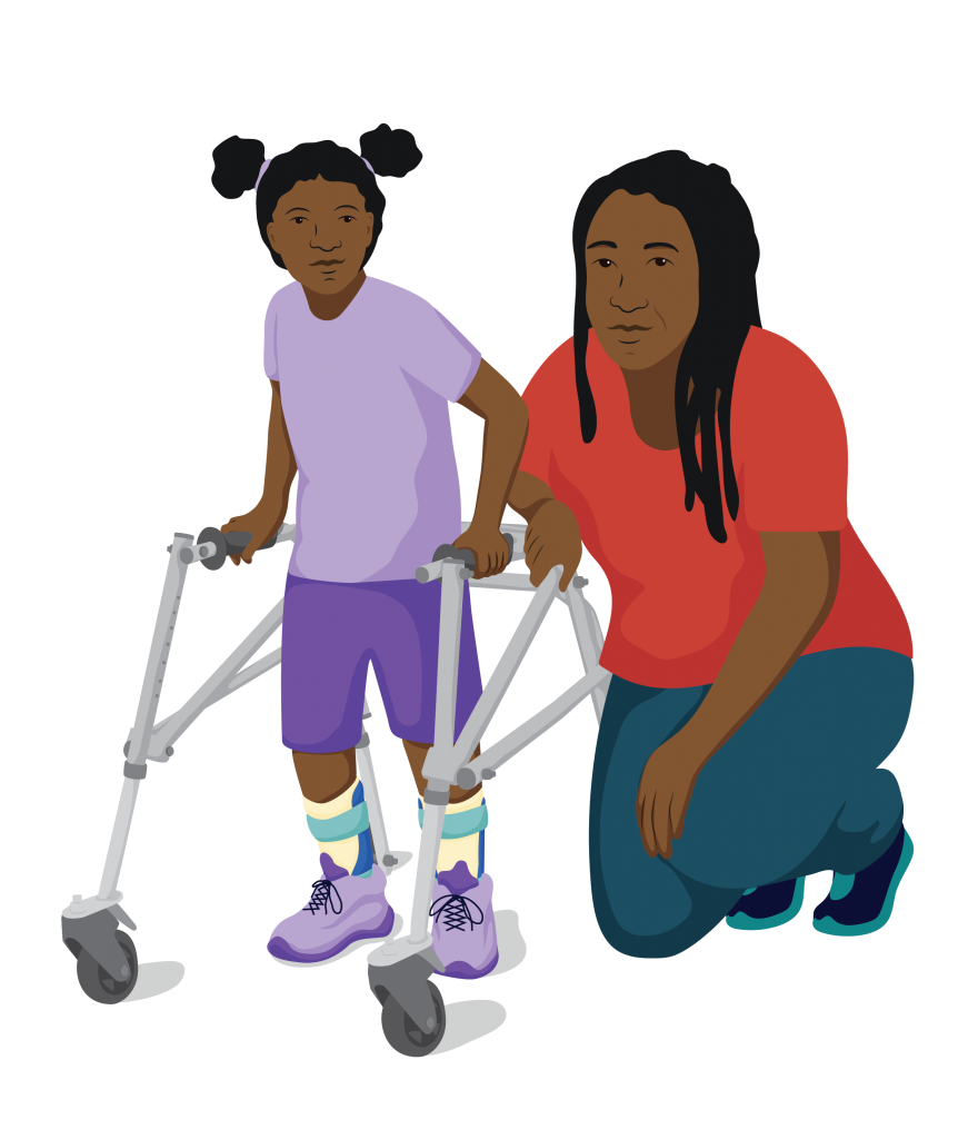 Aleisha standing with a posterior walker which is a walking frame with wheels that supports her from behind. Her mother is squatting down beside her.