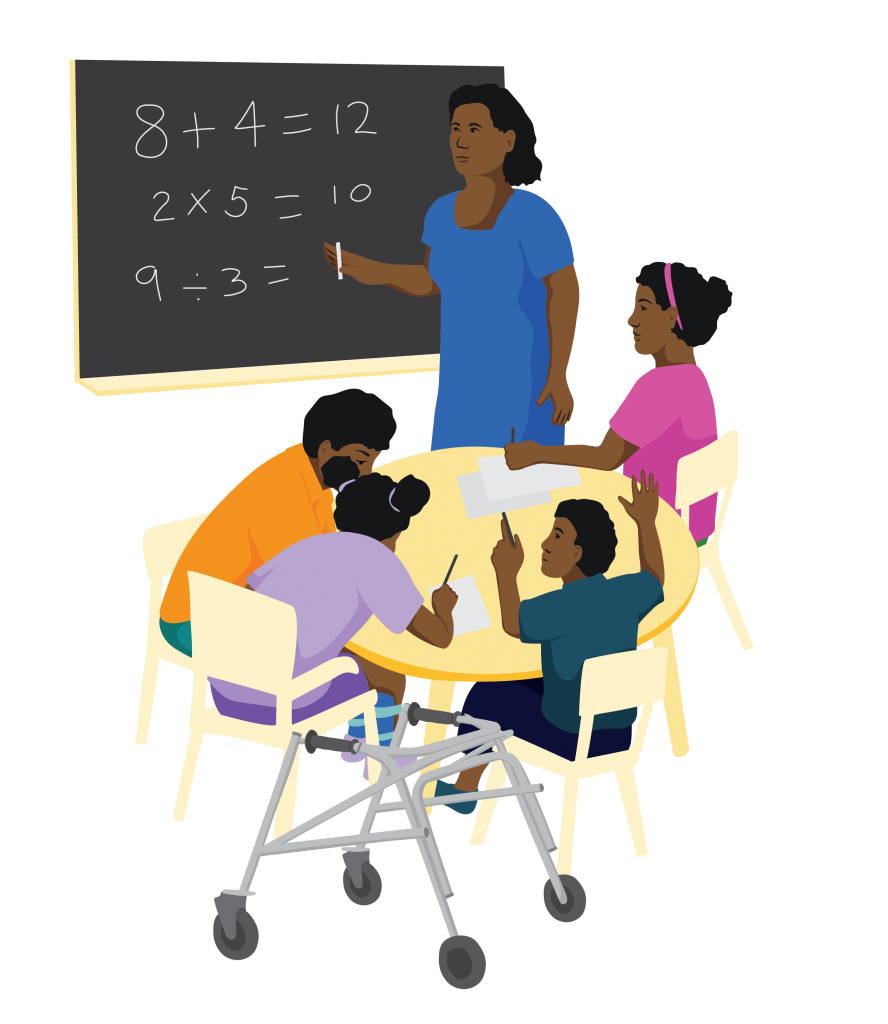 A woman stands next to a blackboard holding chalk. There are three sums on the board. 4 children sit at a table nearby writing. A posterior walker sits nearby the table.