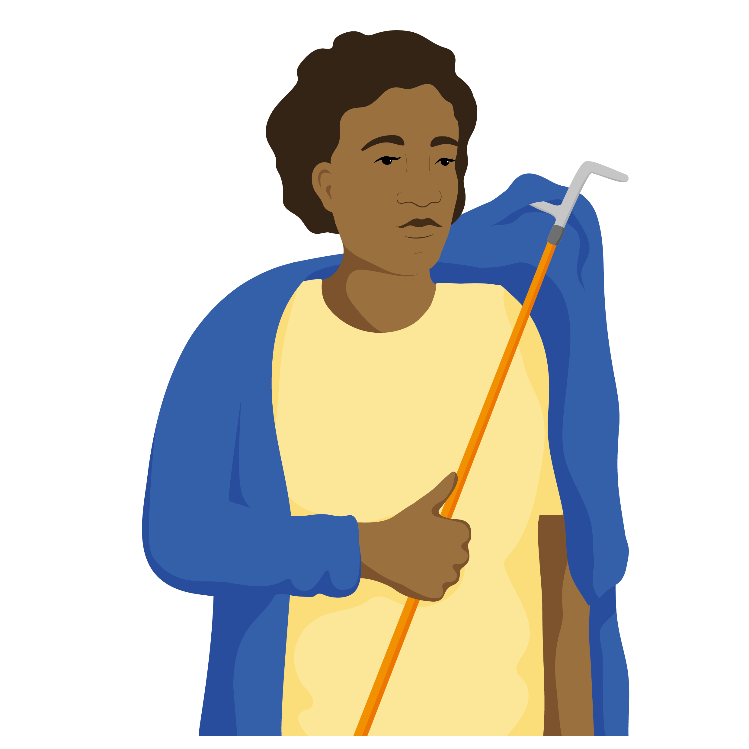 A woman using the dressing stick with her right hand, to hook her jumper over her left shoulder.
