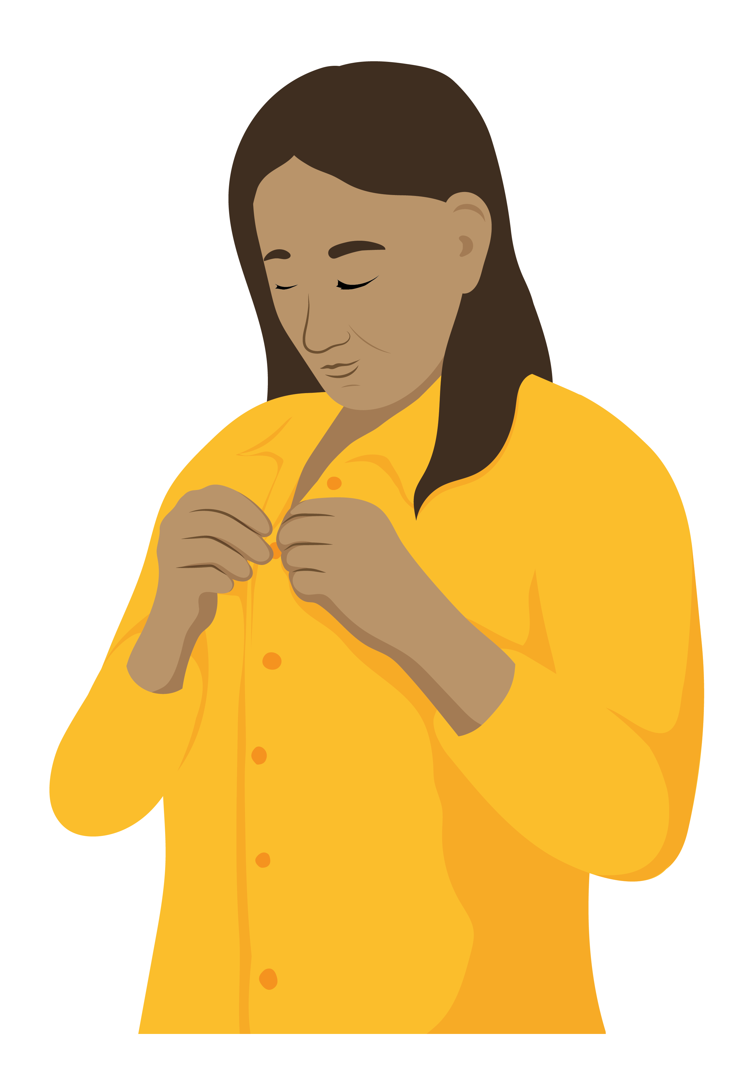 A person uses both hands to button the top of their shirt.]