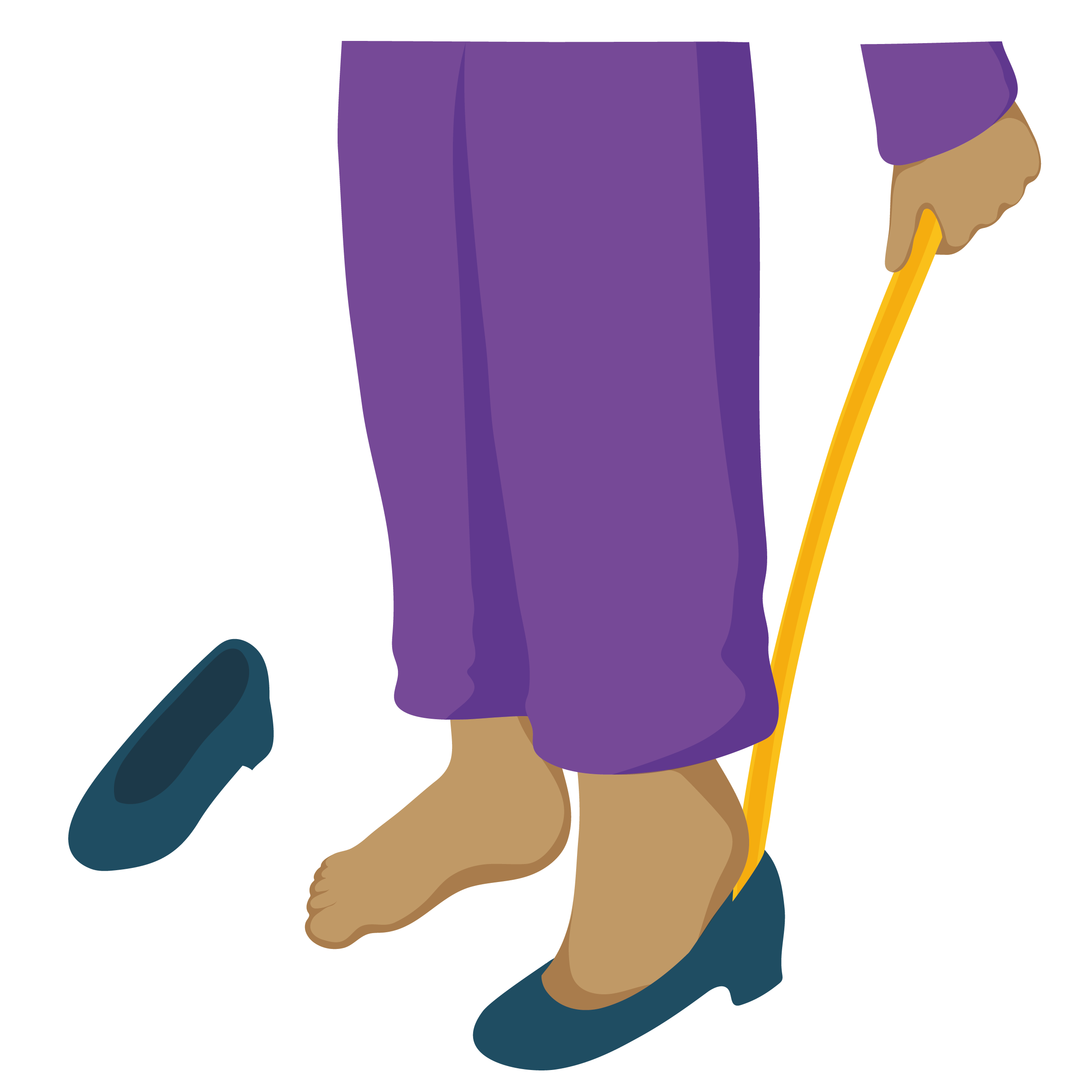 A person is using a long-handled shoe horn to slip their heel into a shoe.