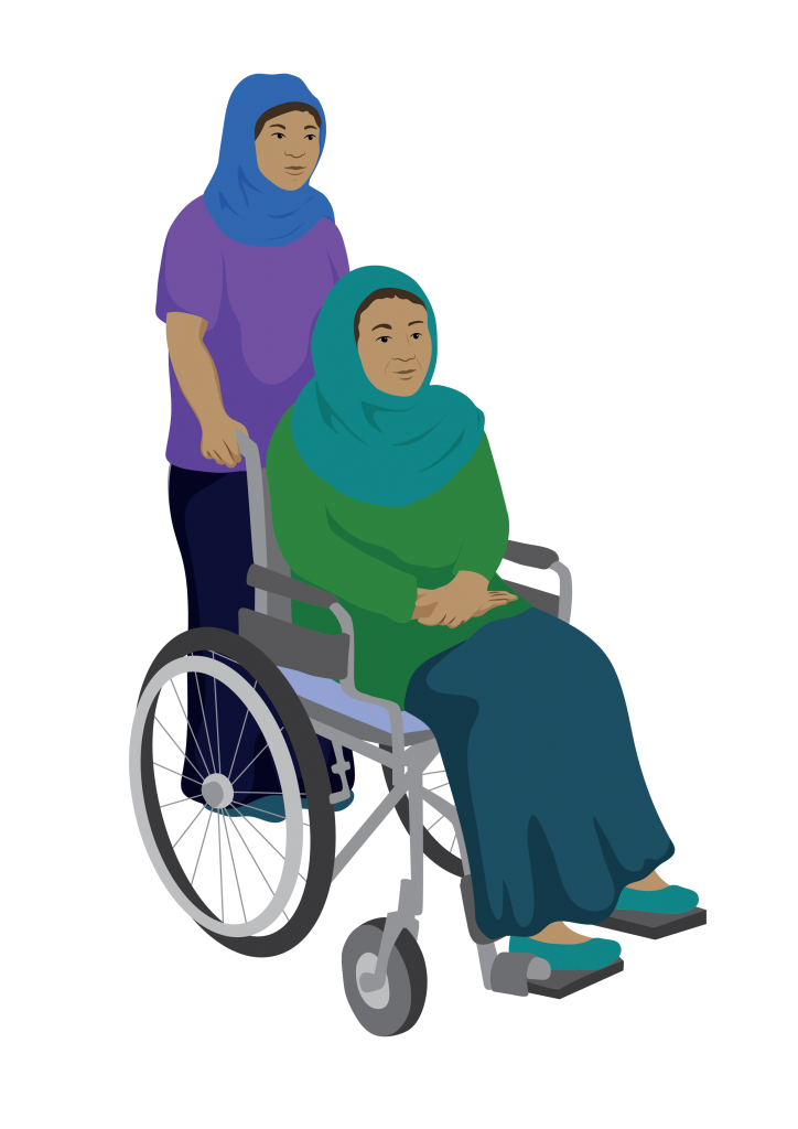 Maria, a woman wearing a headscarf, sits in her wheelchair. A young woman also wearing a headscarf, is pushing her.