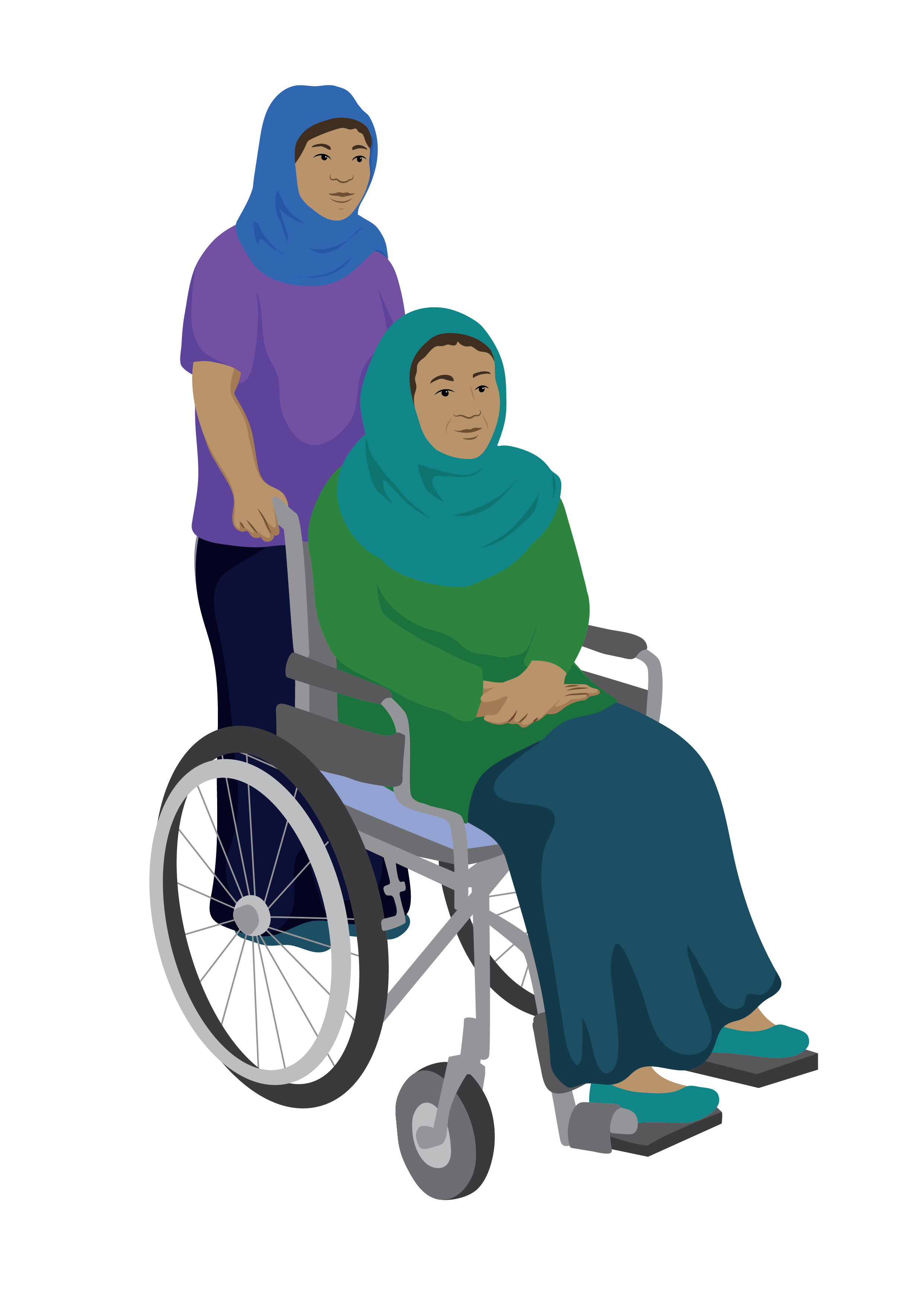Maria, a woman wearing a headscarf, sits in her wheelchair. A young woman also wearing a headscarf, assists by pushing Maria’s wheelchair.