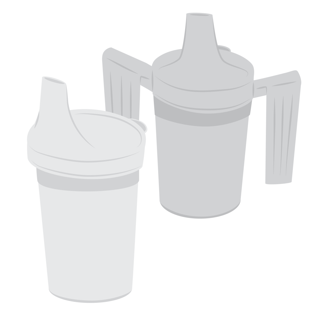 Two clear plastic cups, one with a lid and one with a lid and two handles.