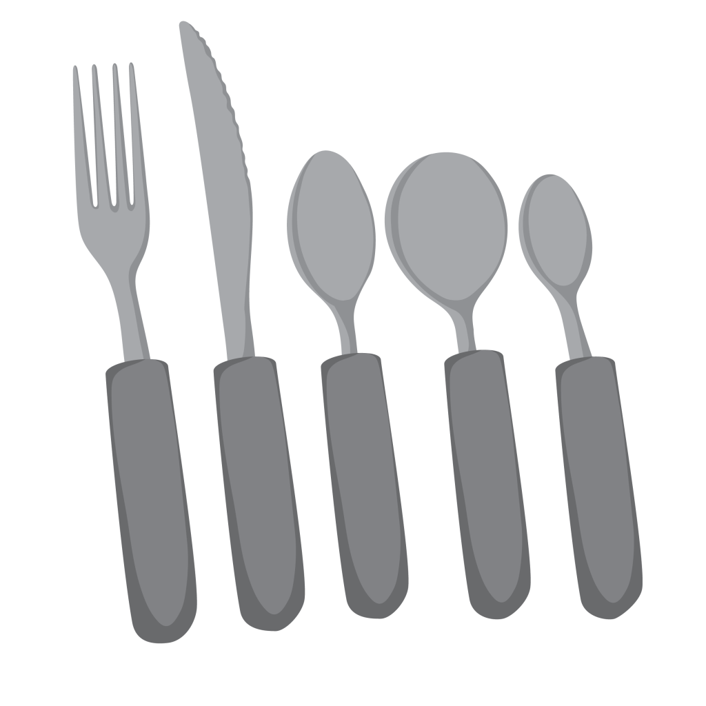 Fork, knife, and three spoons in a row, all with extra thick handles.
