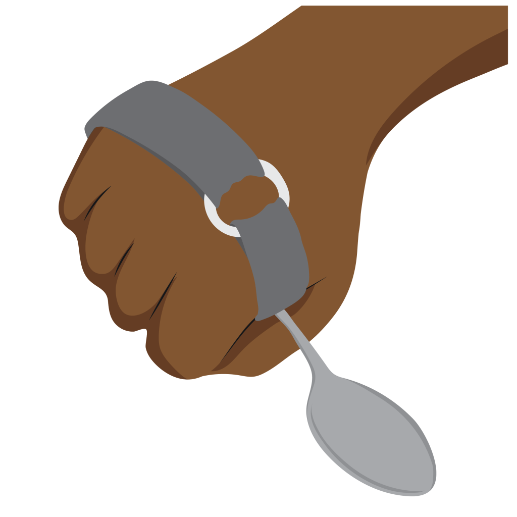 A hand holding a spoon with a loop holding it onto the hand.