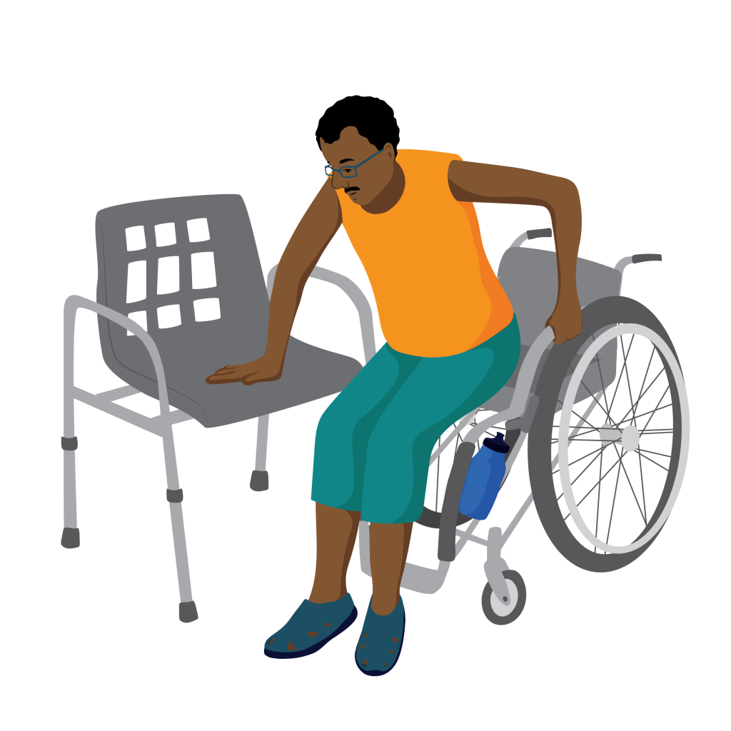 Peter is halfway through a transfer from his wheelchair to a shower chair. His wheelchair is positioned close to the shower chair. One hand is on his wheelchair arm and the other is flat on the shower chair seat.
