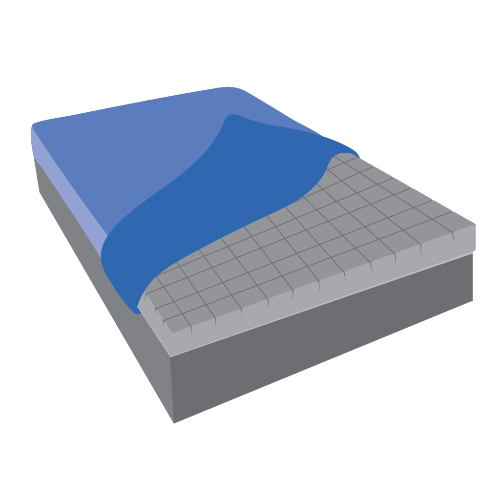 Thick mattress with an extra layer of foam on the top. A sheet is covering half the mattress.