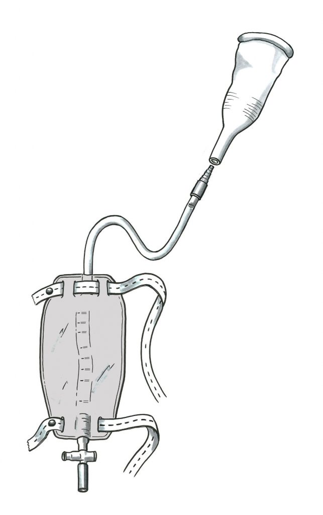 A short tube that leads into a thin bag with straps that attach it to the person’s leg, and a tap like opening at the bottom.