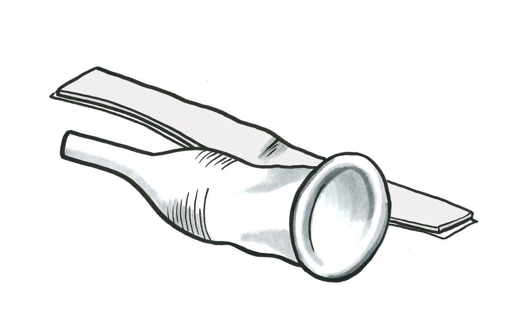 A condom shaped rubber covering with a piece of adhesive that keeps it in place.
