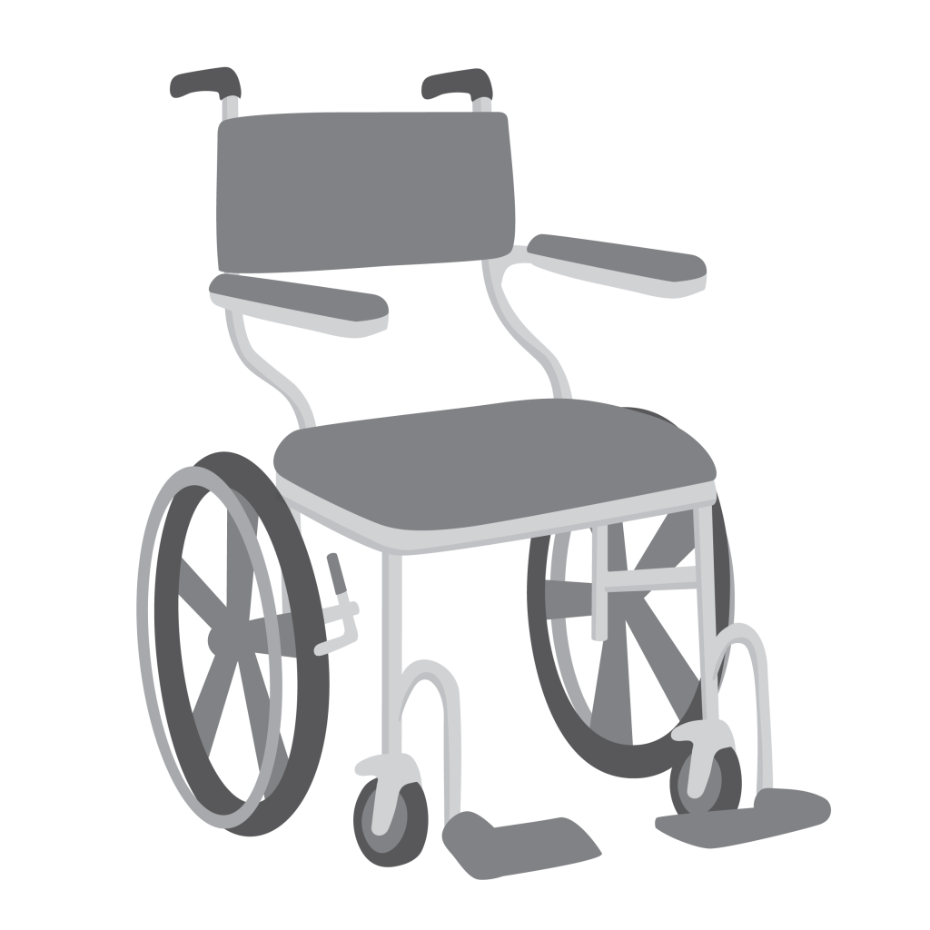 A waterproof chair with large back wheels and smaller front wheels with footrests and armrests.