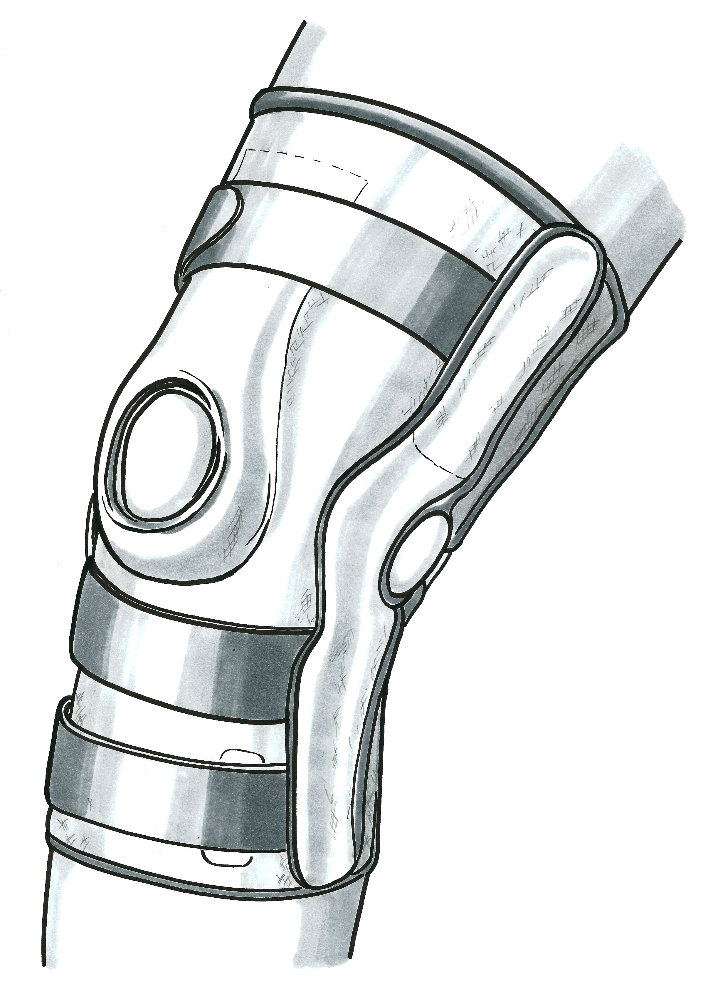A structure fitted around the knee with straps on it and a small gap at the front for the knee cap.