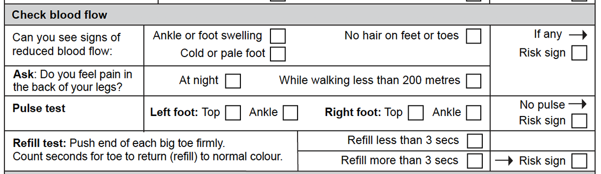 Check blood flow part of the foot screen section of the form.