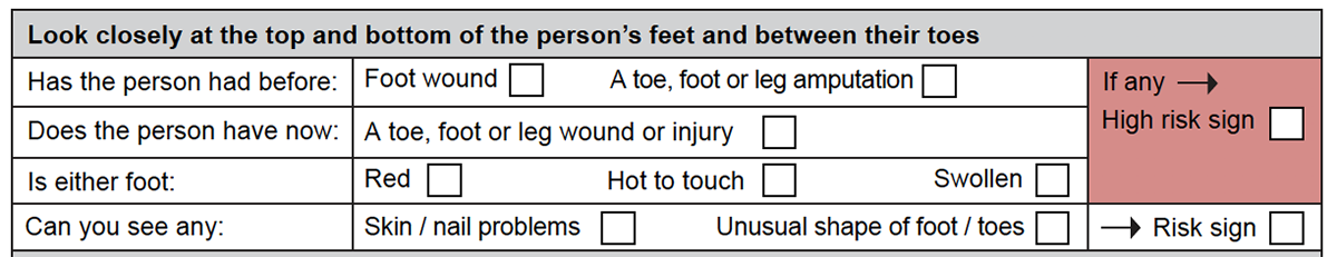 Look closely at the top and bottom of the person’s feet and between their toes part of the foot screen section of the form.