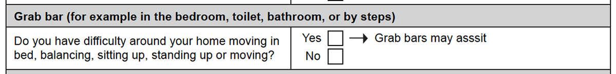 Grab bars section of the form.