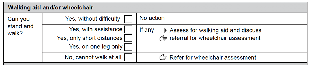 Walking aids and/or wheelchairs section of the form.