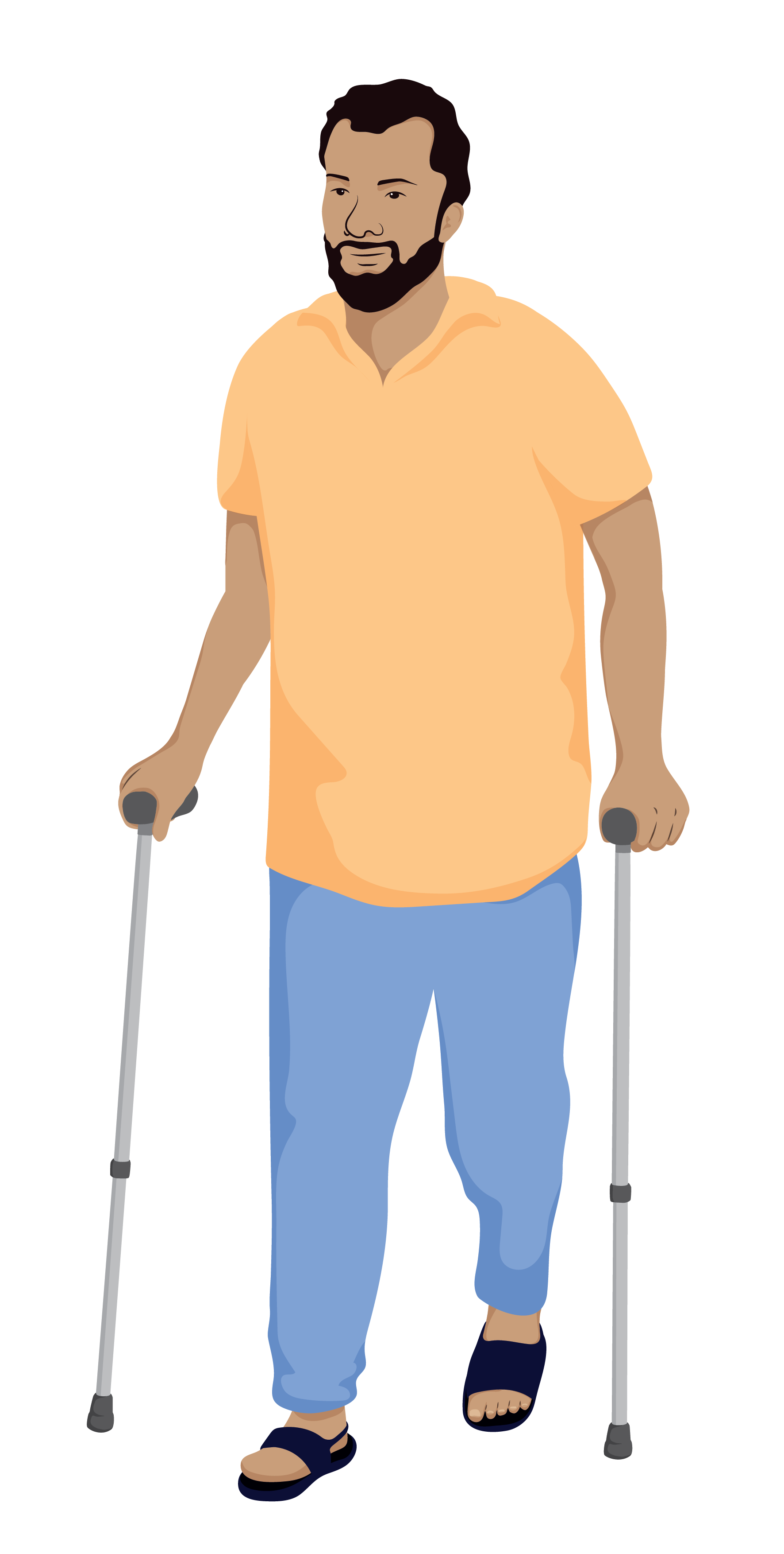 Asif walking with his prosthesis on, and holding two walking sticks.