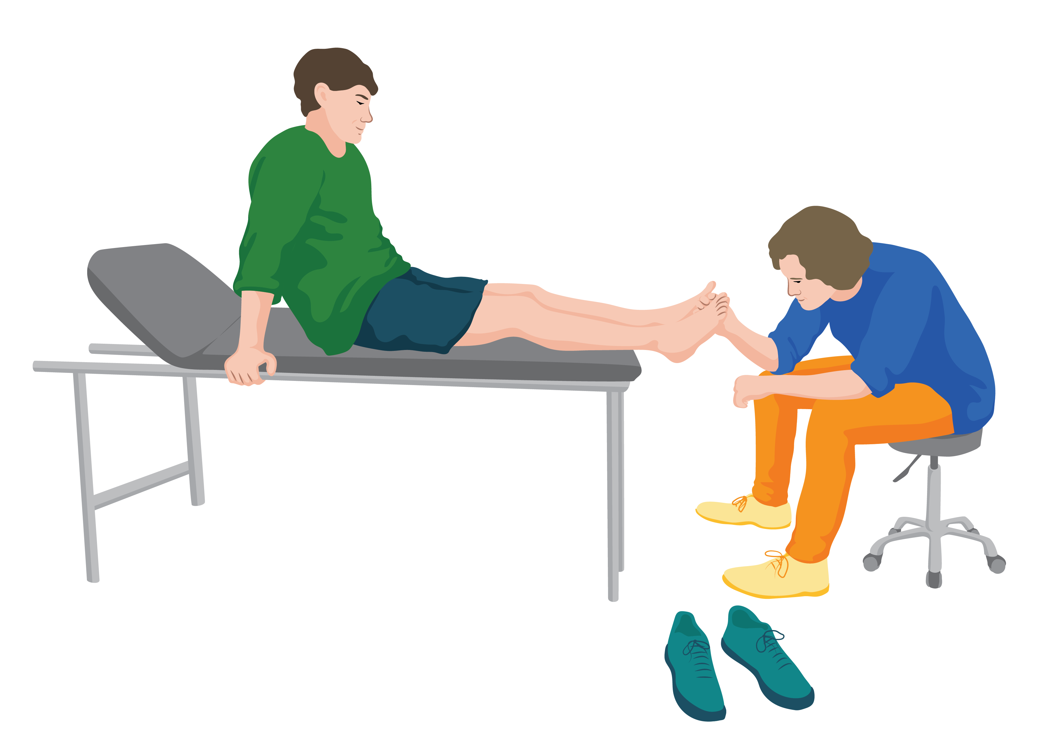 A man sits on a hospital bed with their legs in front of them and their shoes off. A service provider sits at the end of the bed to inspect the man’s feet.