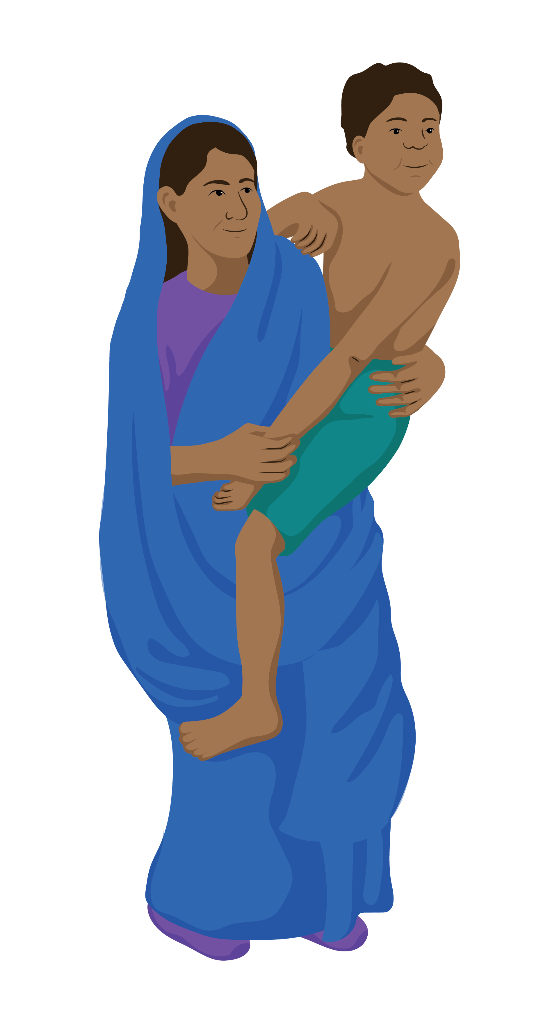 A woman dressed with a long scarf covering her head and body carrying a child on her hip, smiling.