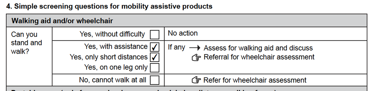 Walking aid and/or wheelchair part of Section 4 of the TAP Mobility assistive products screening form showing that Jackeline can only walk with assistance and only short distances.