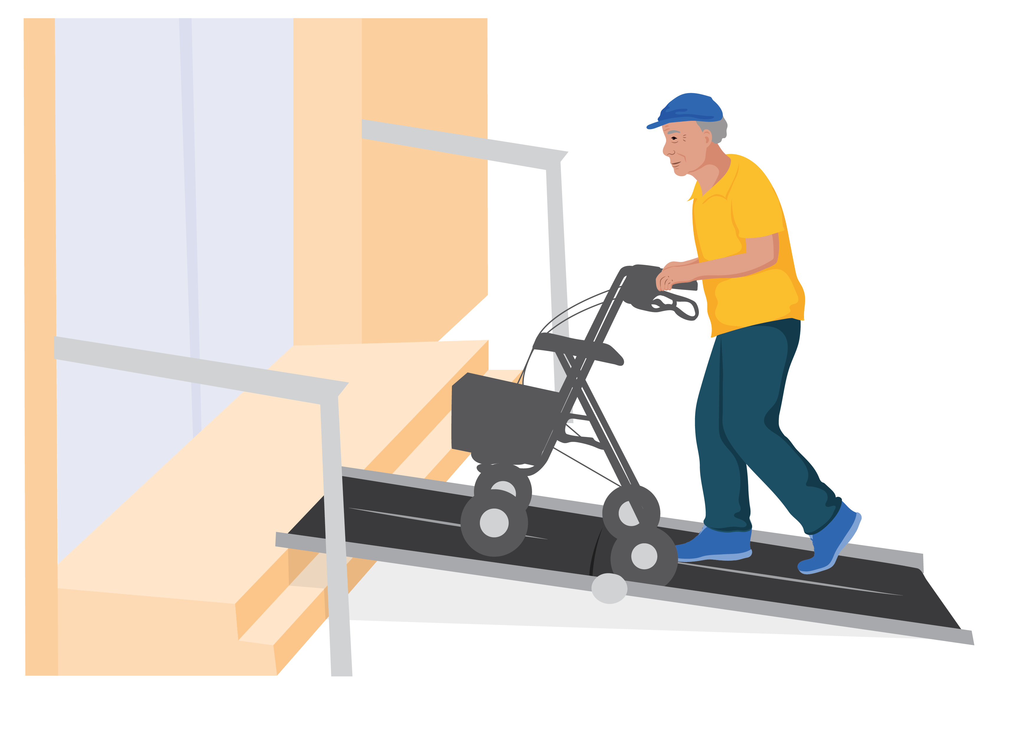 Matthias, a man, pushes his rollator up a portable ramp to access a building.