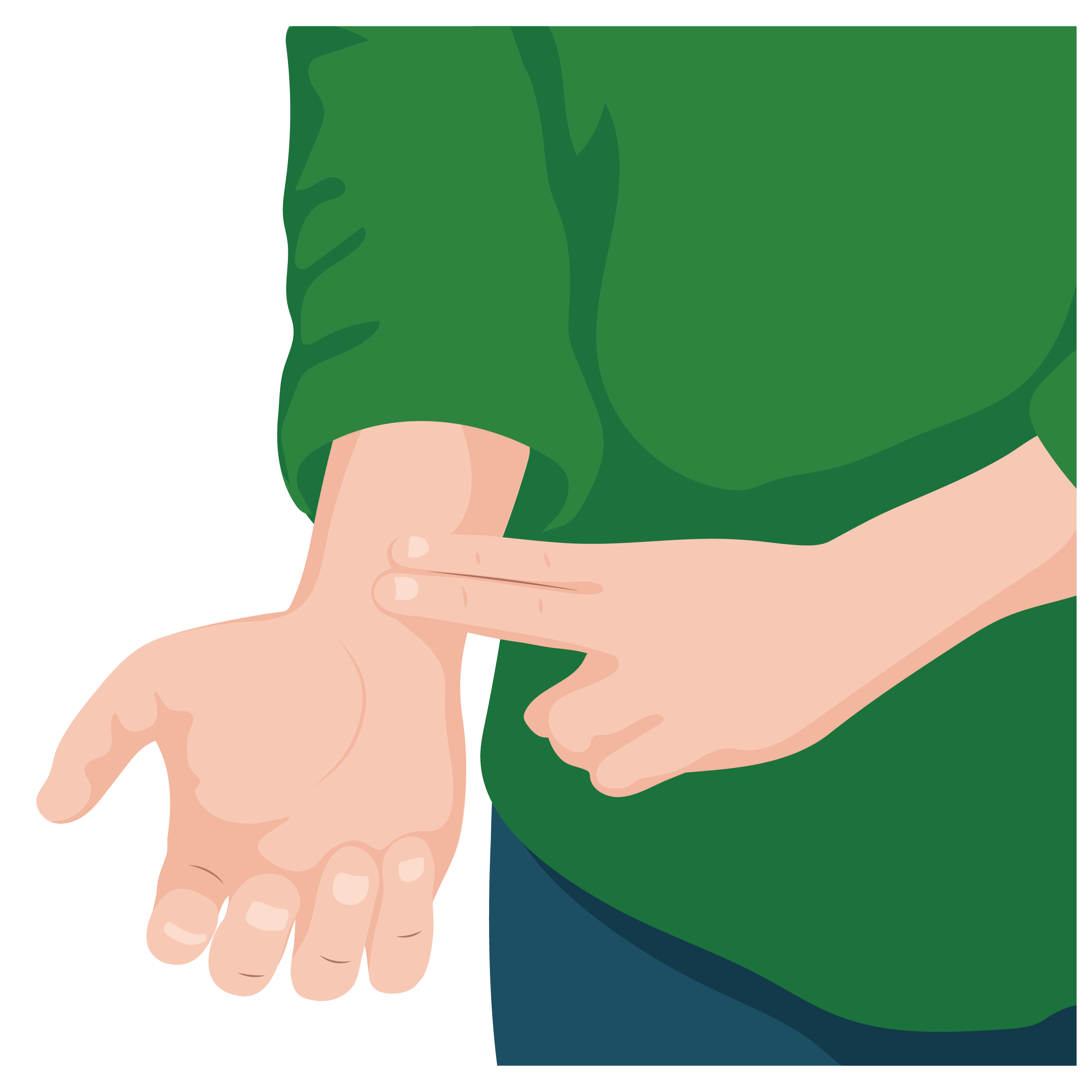 A man holds his second and middle finger to his wrist, just below his palm.