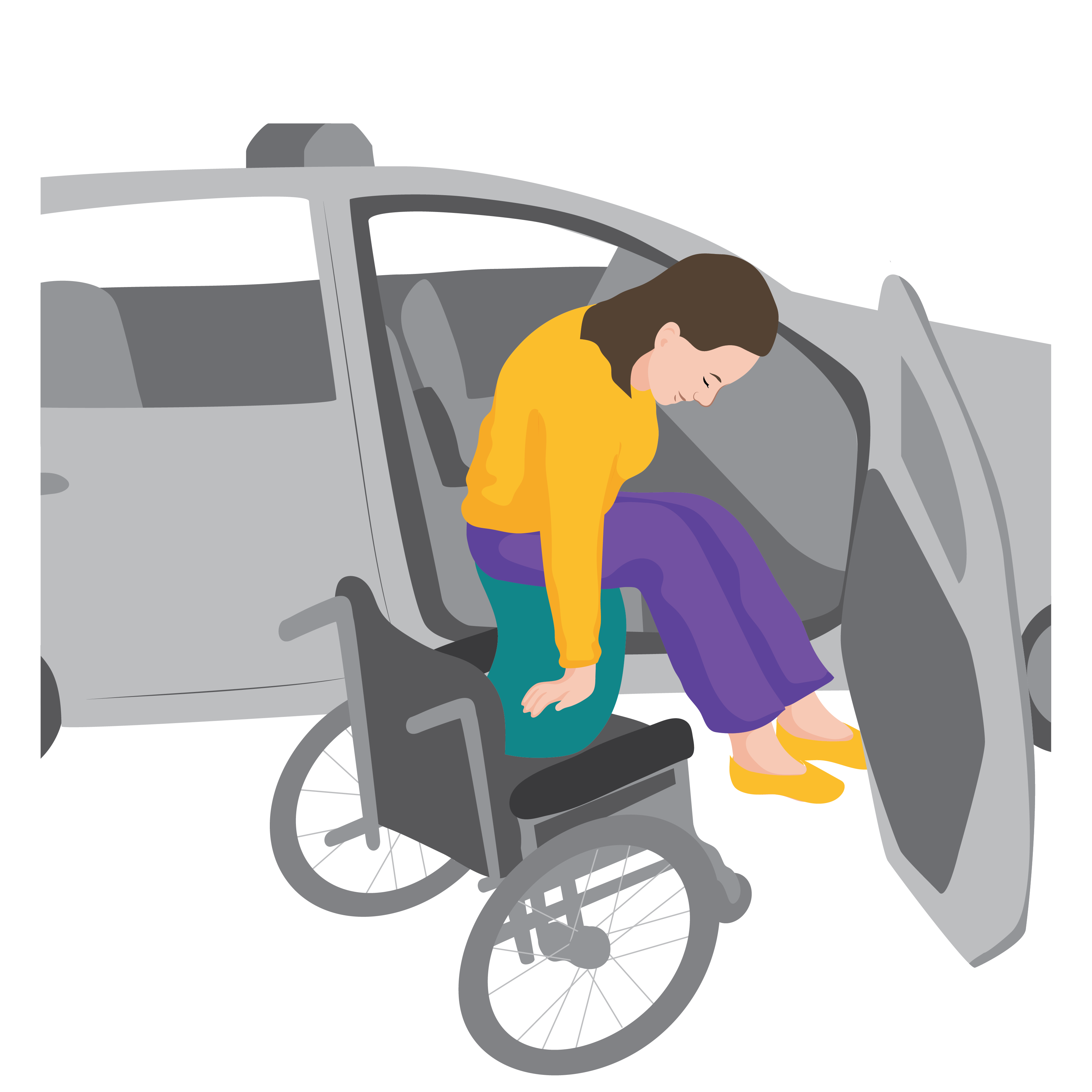 A woman uses a transfer board to move between her wheelchair and her car seat.