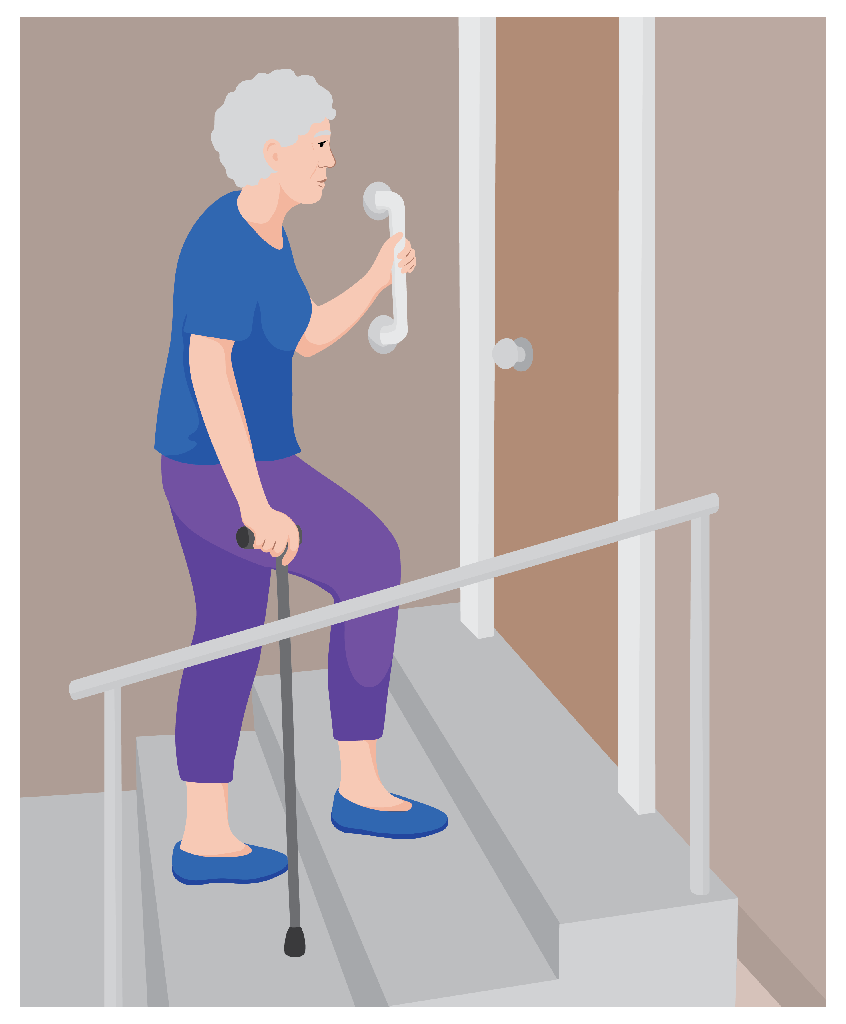 A woman walks up stairs using a walking stick in her left hand. She holds a grab bar on the wall with her right hand to support herself.