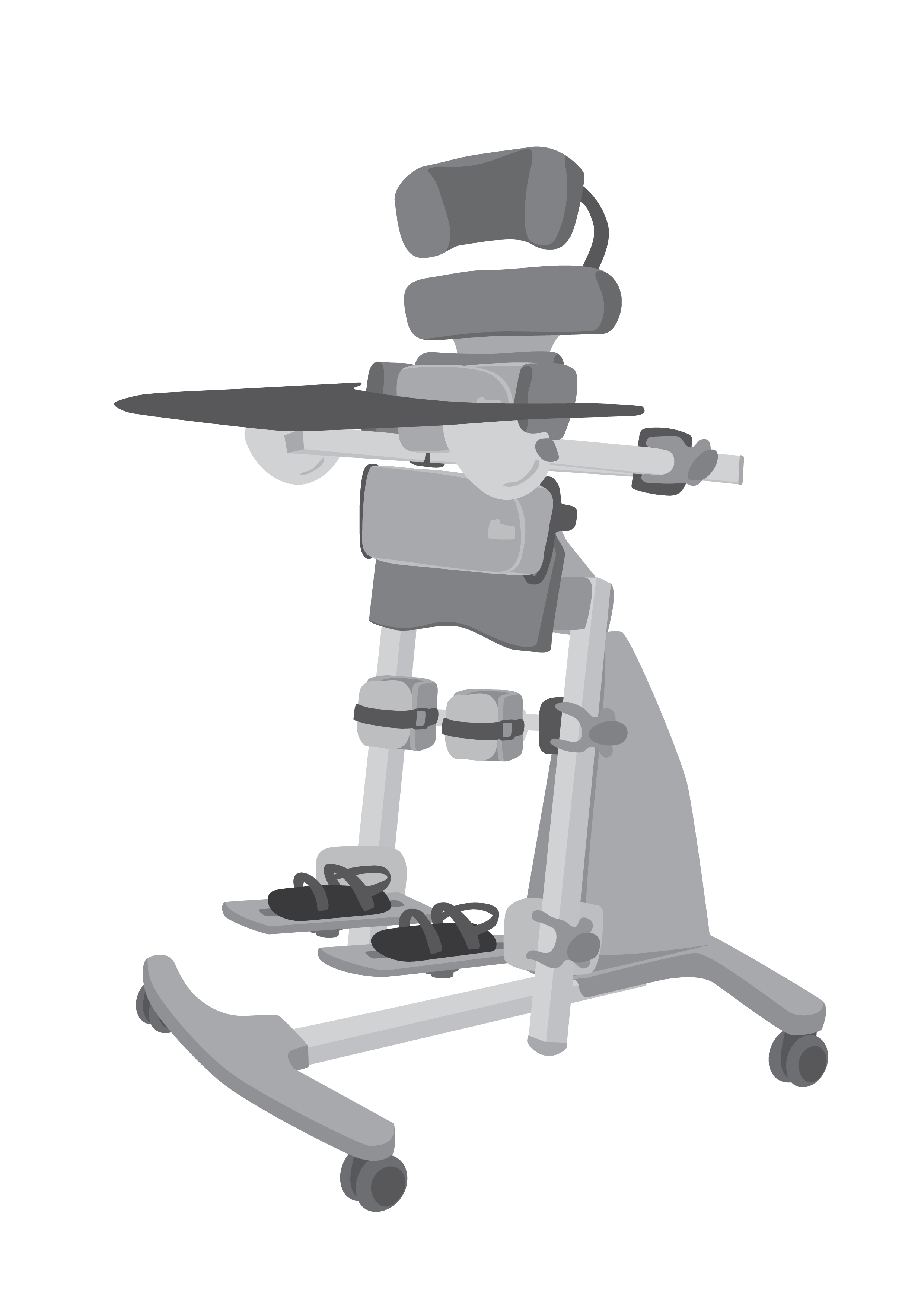 A structure with padding and straps to support a child in a standing position. It has a tray attached to the front.