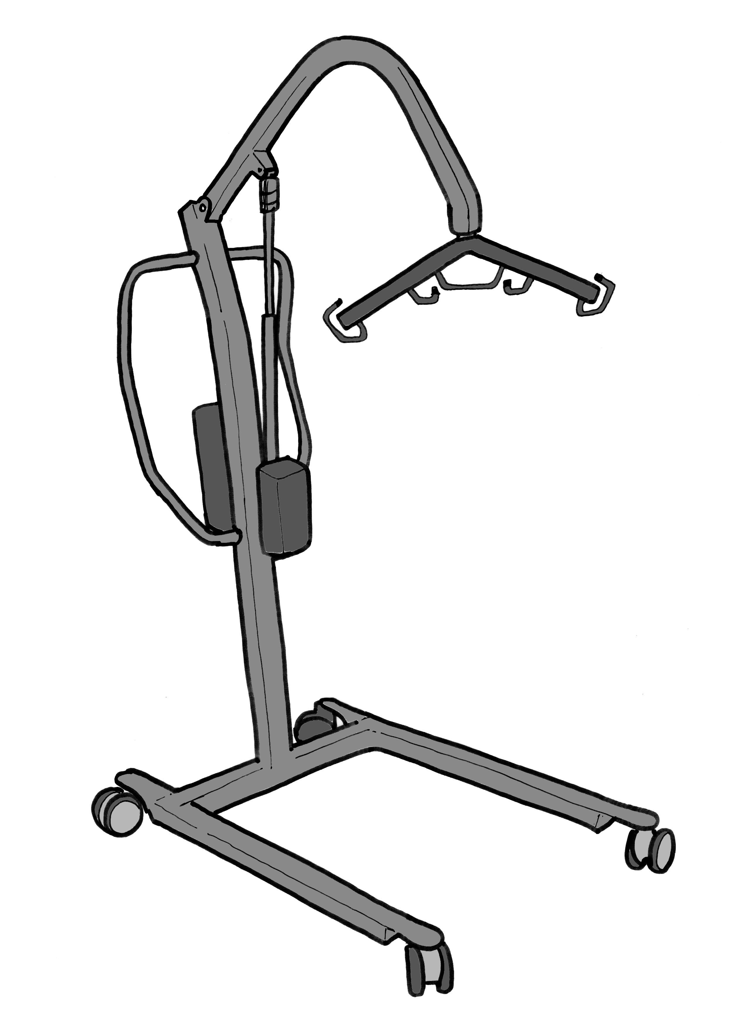 A C-shaped frame with castor wheels and an overhead bar with hooks.