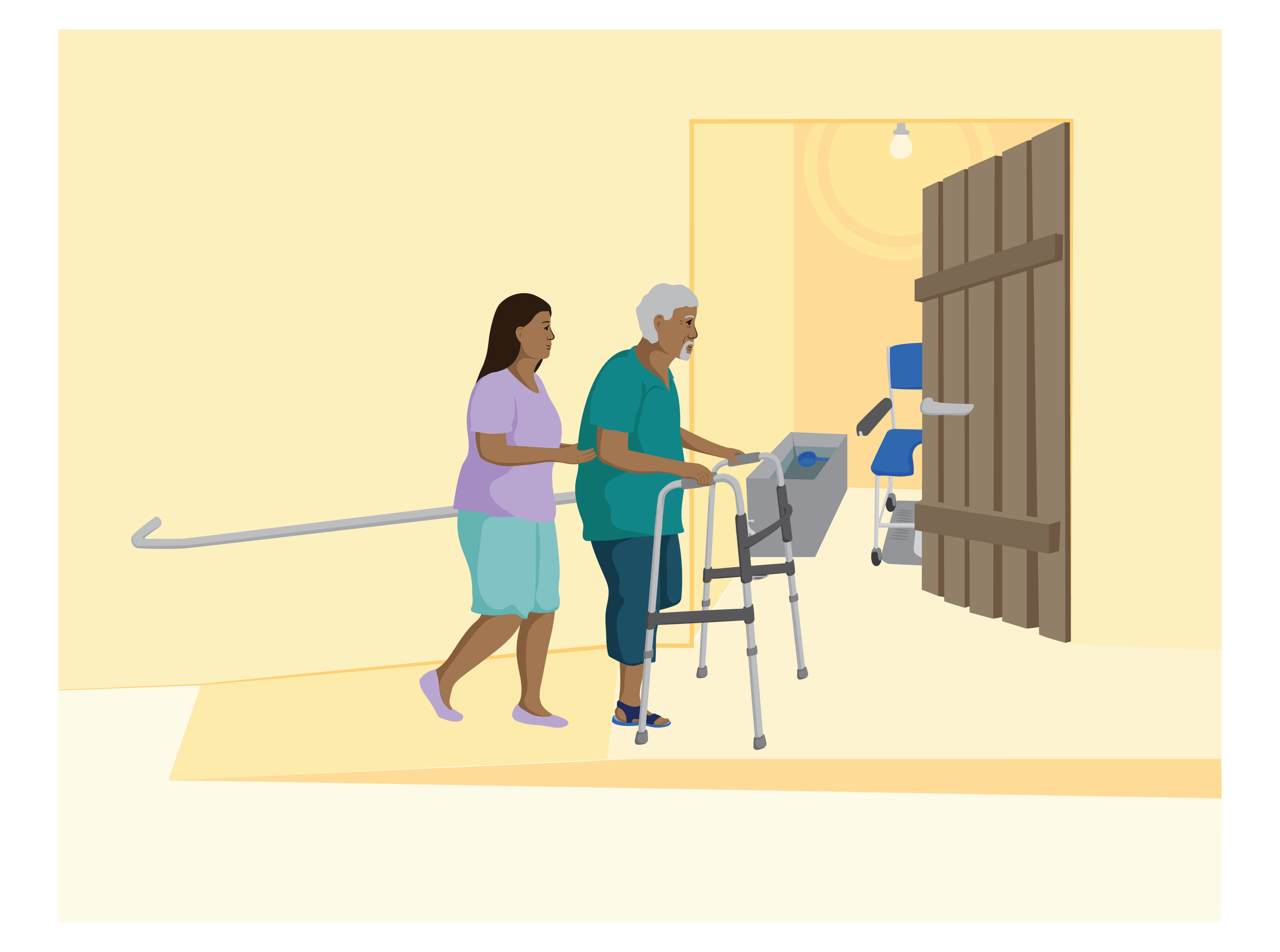 An older man uses a walking frame and is assisted by a woman up a ramp. At the top is the door to a bathroom. The door is open into the room, almost hitting the toilet chair over a squatting toilet.