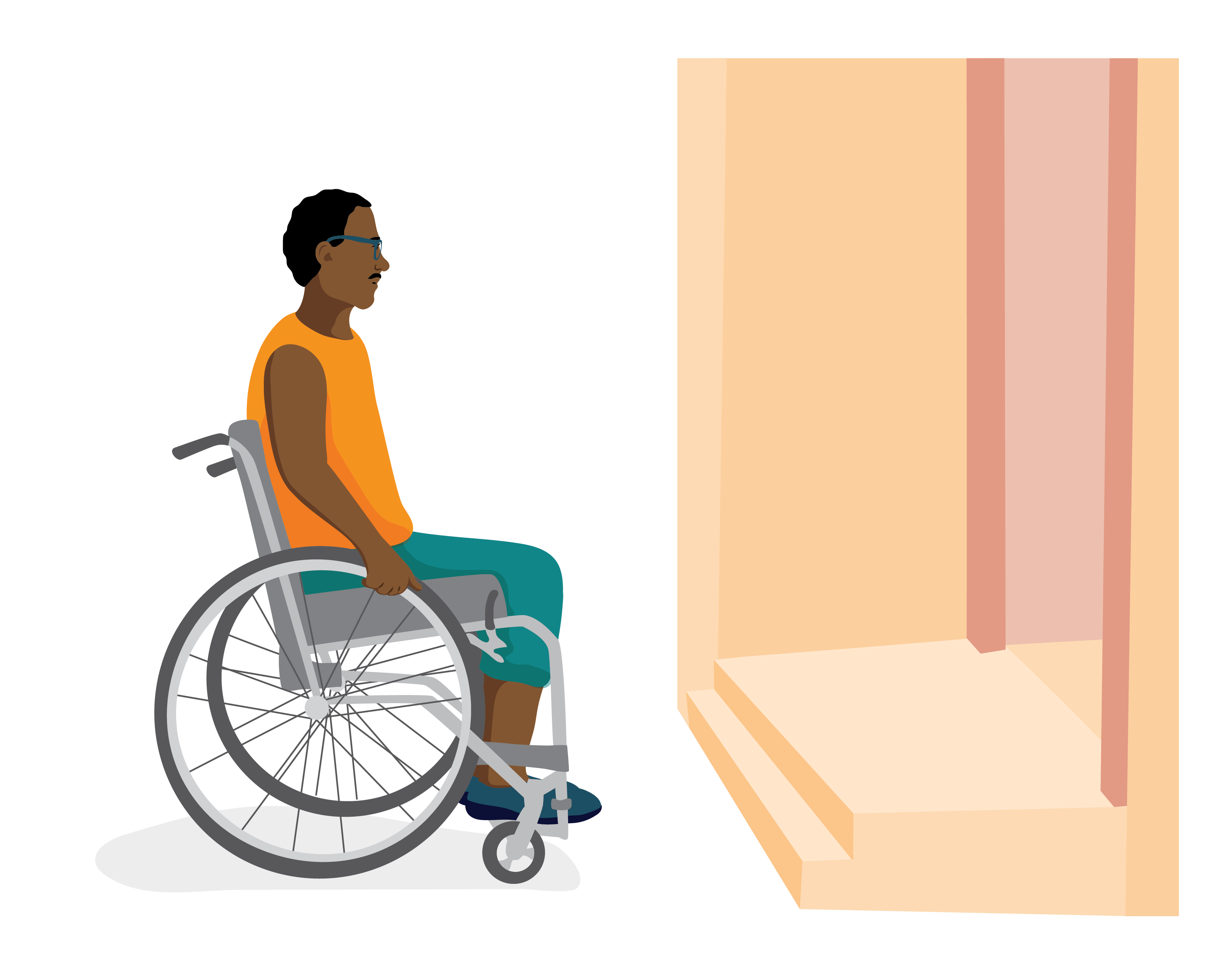 A man using a wheelchair has stopped at the bottom of two steps.