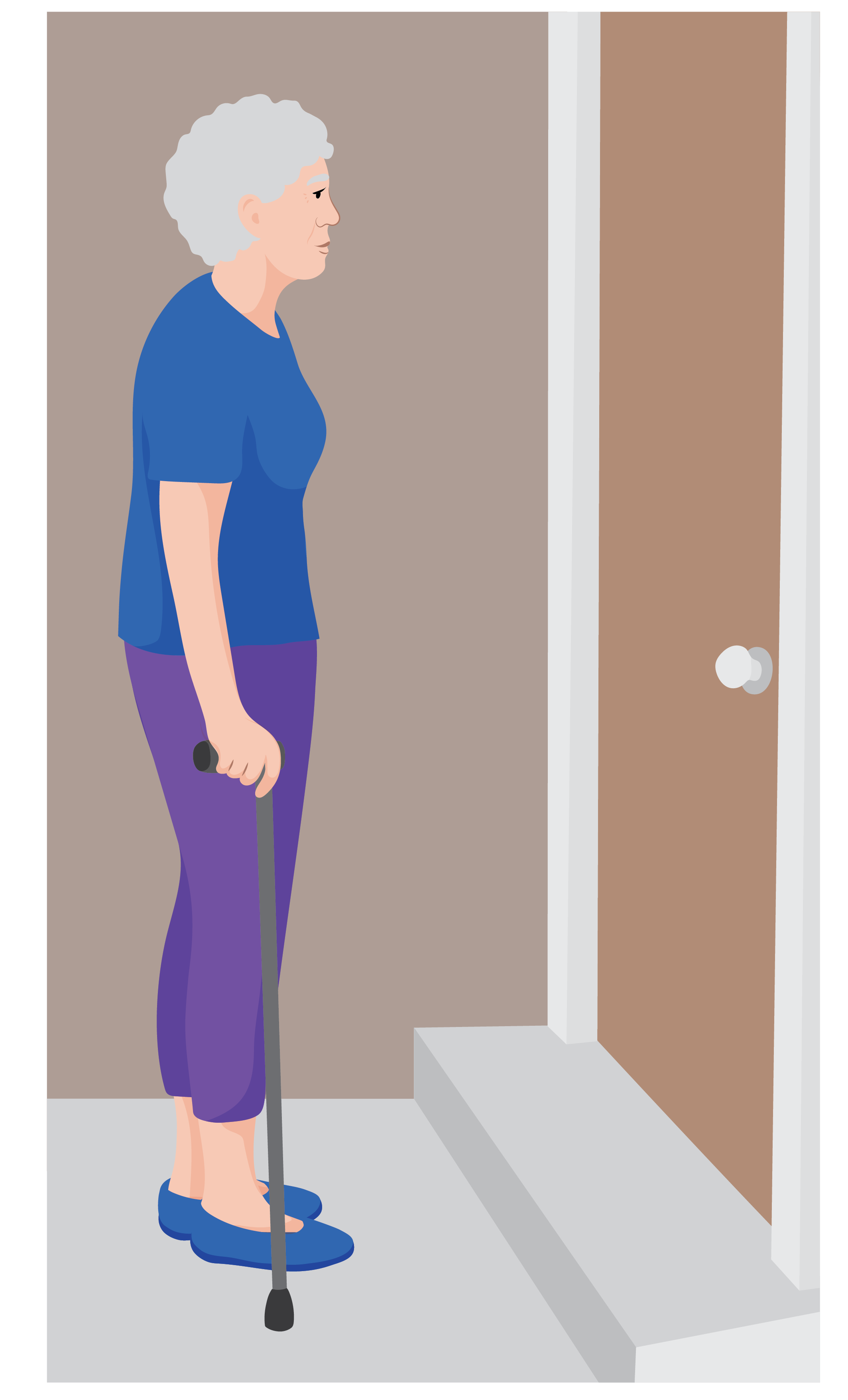 A woman using a walking stick stands at the bottom of a step.