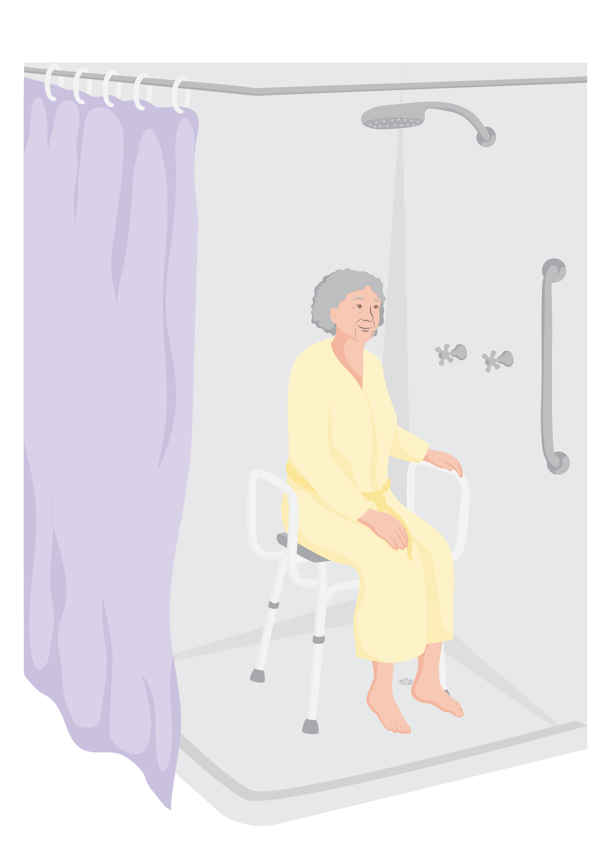 Cali is dressed in a bath robe and is sitting on a shower stool in her shower.