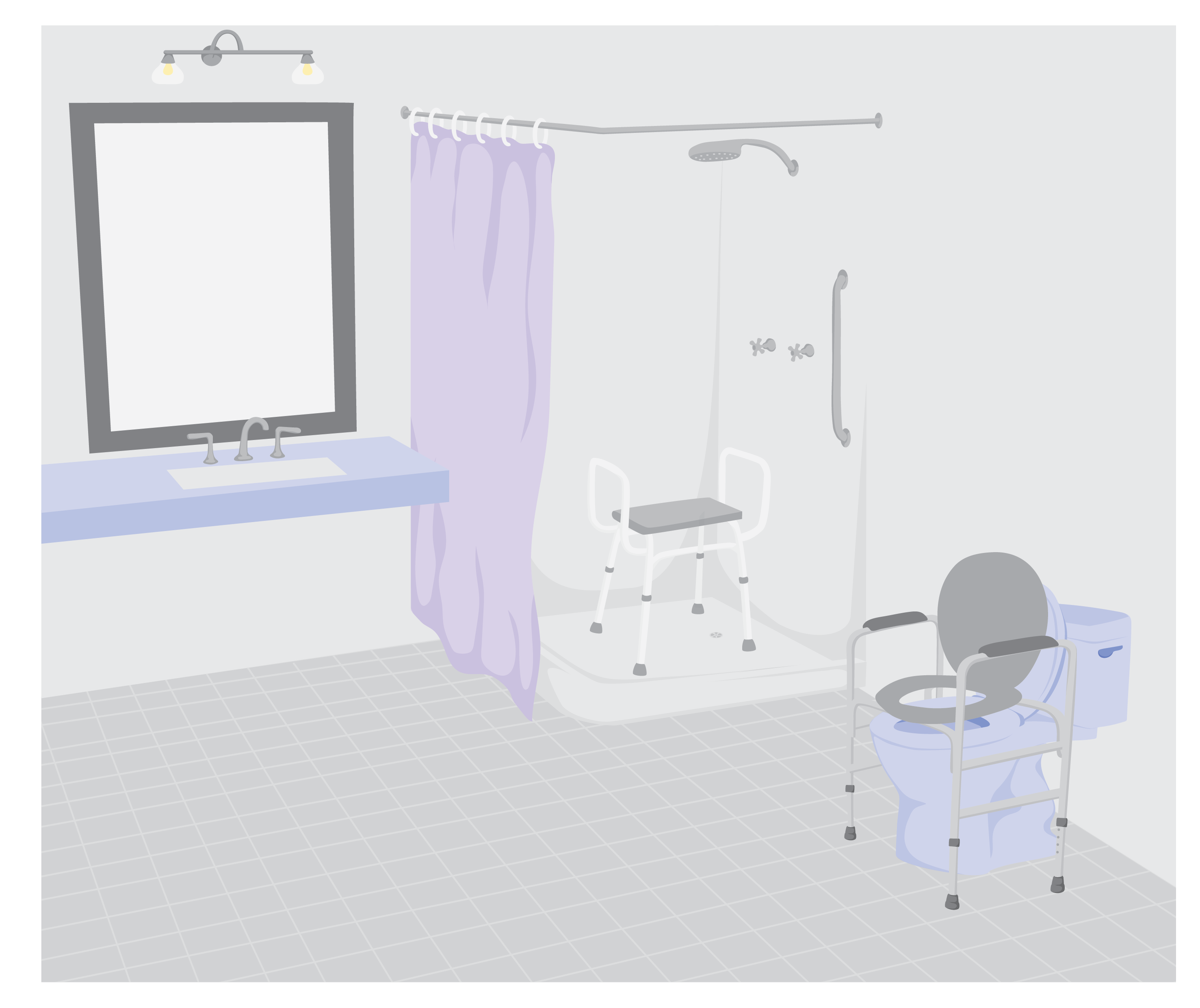 Inside a bathroom is a toiler chair with armrests placed over a sitting toilet. A shower stool with arm rests sits in a shower. There is a grab bar on the wall of the shower. A sink has a light and mirror above it. There is room for a rollator or walking frame.