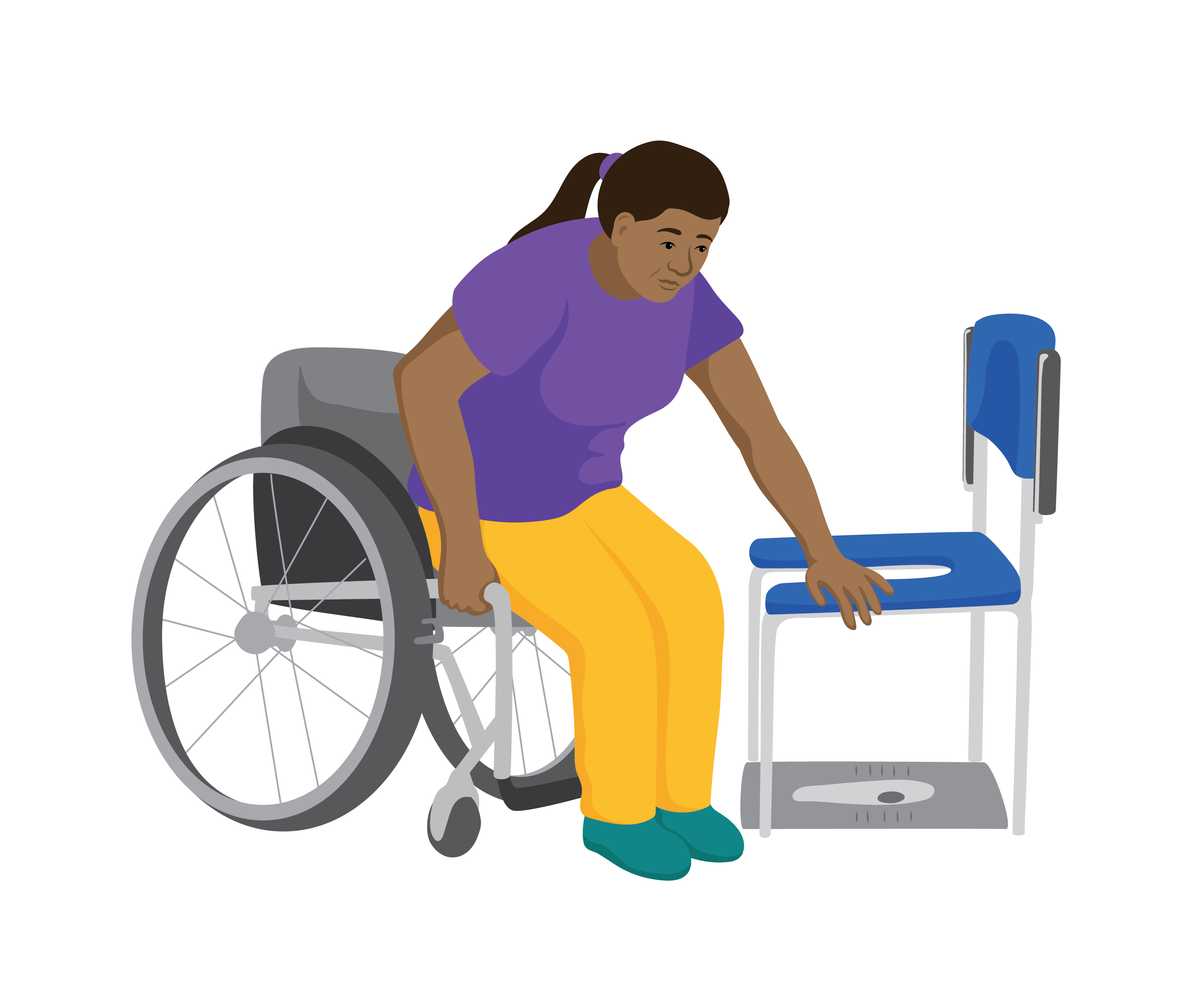 Ejaz, a woman, braces one hand on her wheelchair and the other on the toilet chair and leans forward.