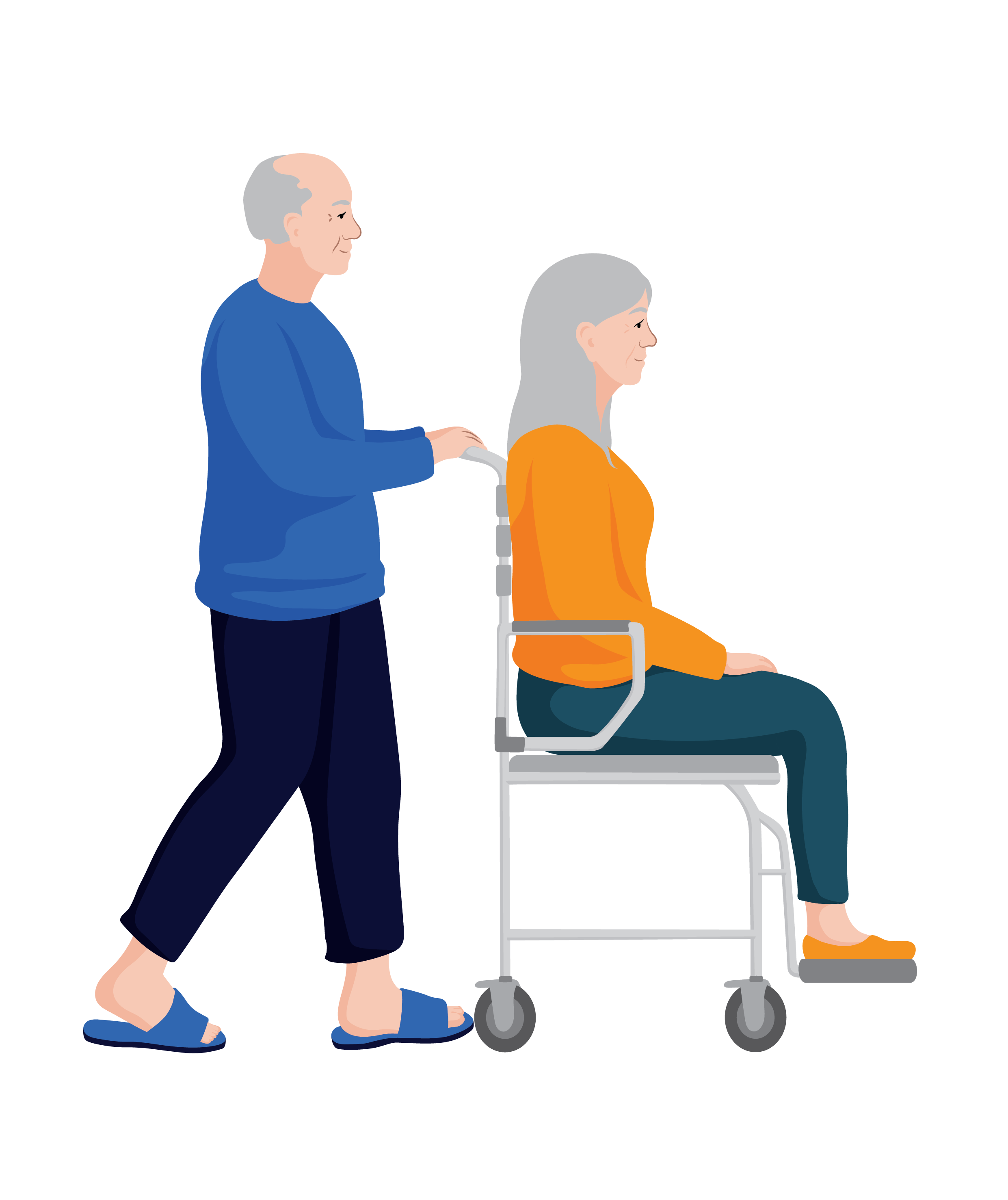 An older man pushes an older woman sitting on a toilet chair with wheels and footrests.