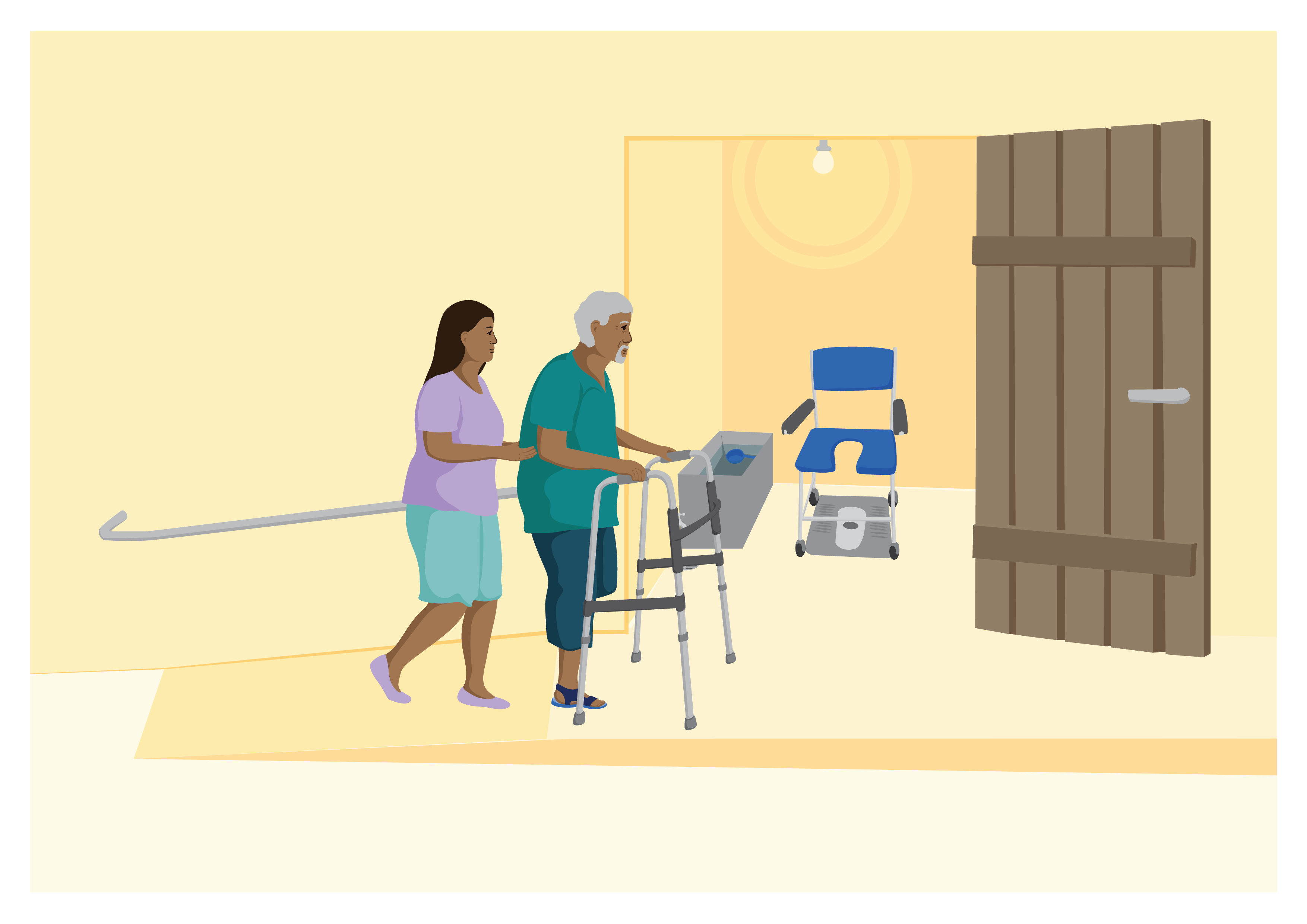 An older man uses a walking frame and is assisted by a woman up a ramp. At the top is the door to a bathroom. The door is open away from the room, leaving a lot of space inside.