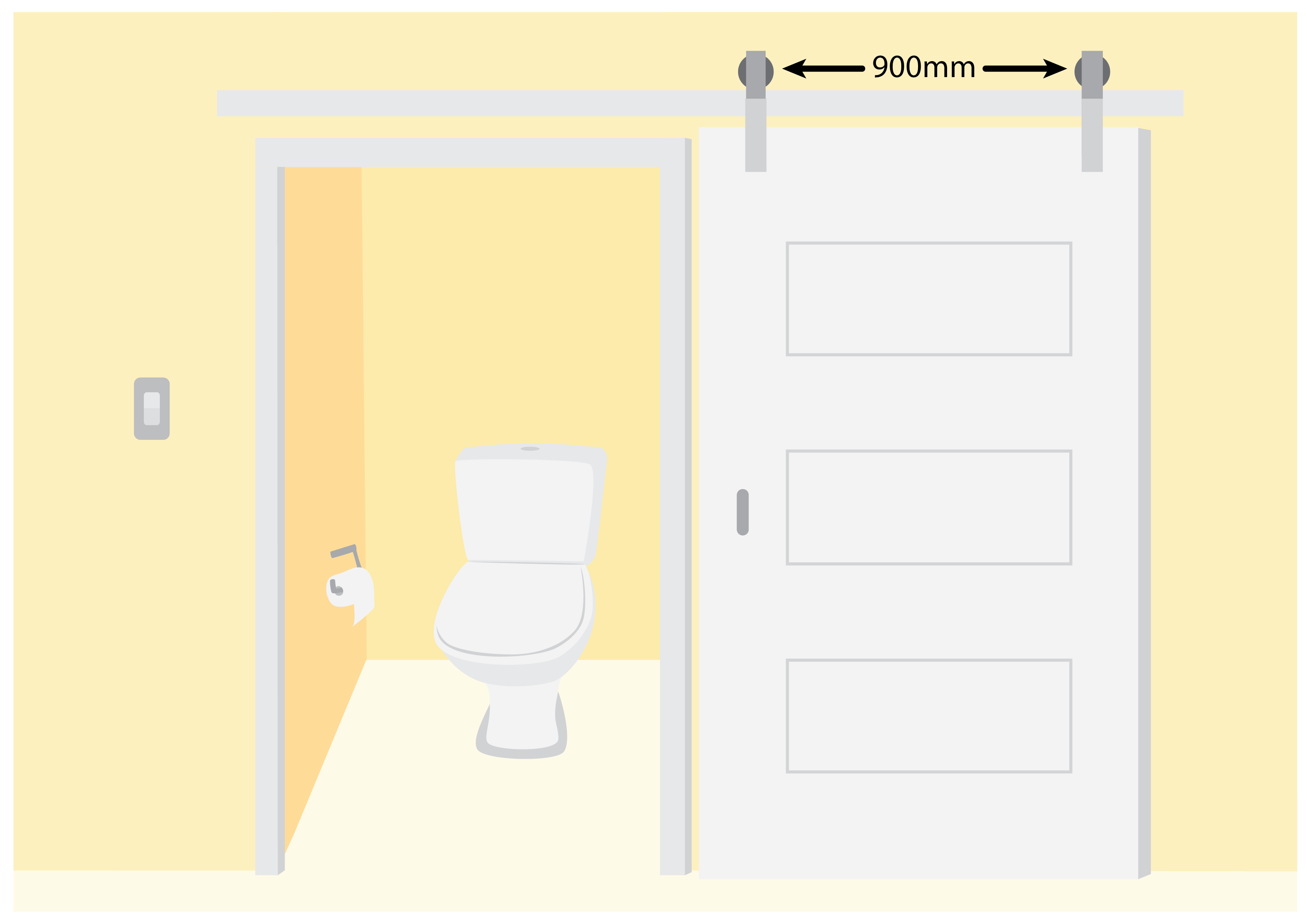 A door is hung on the wall to slide open and closed. The doorway is 900mm wide. Inside the room is a standing toilet and toilet roll.