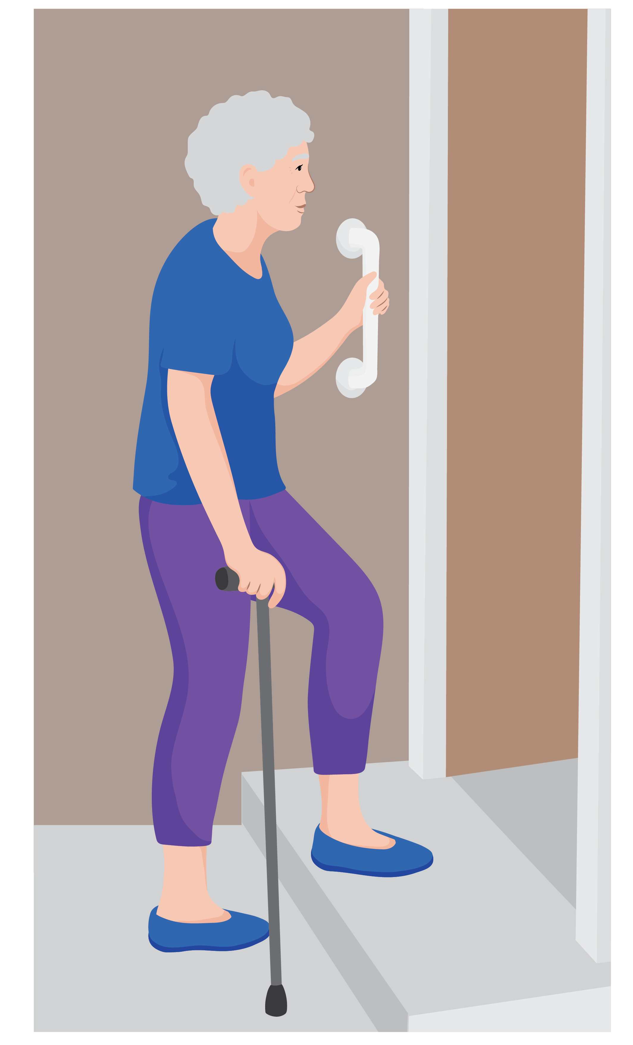 A woman uses a grab bar put on the wall and her walking stick to help her go up the step.