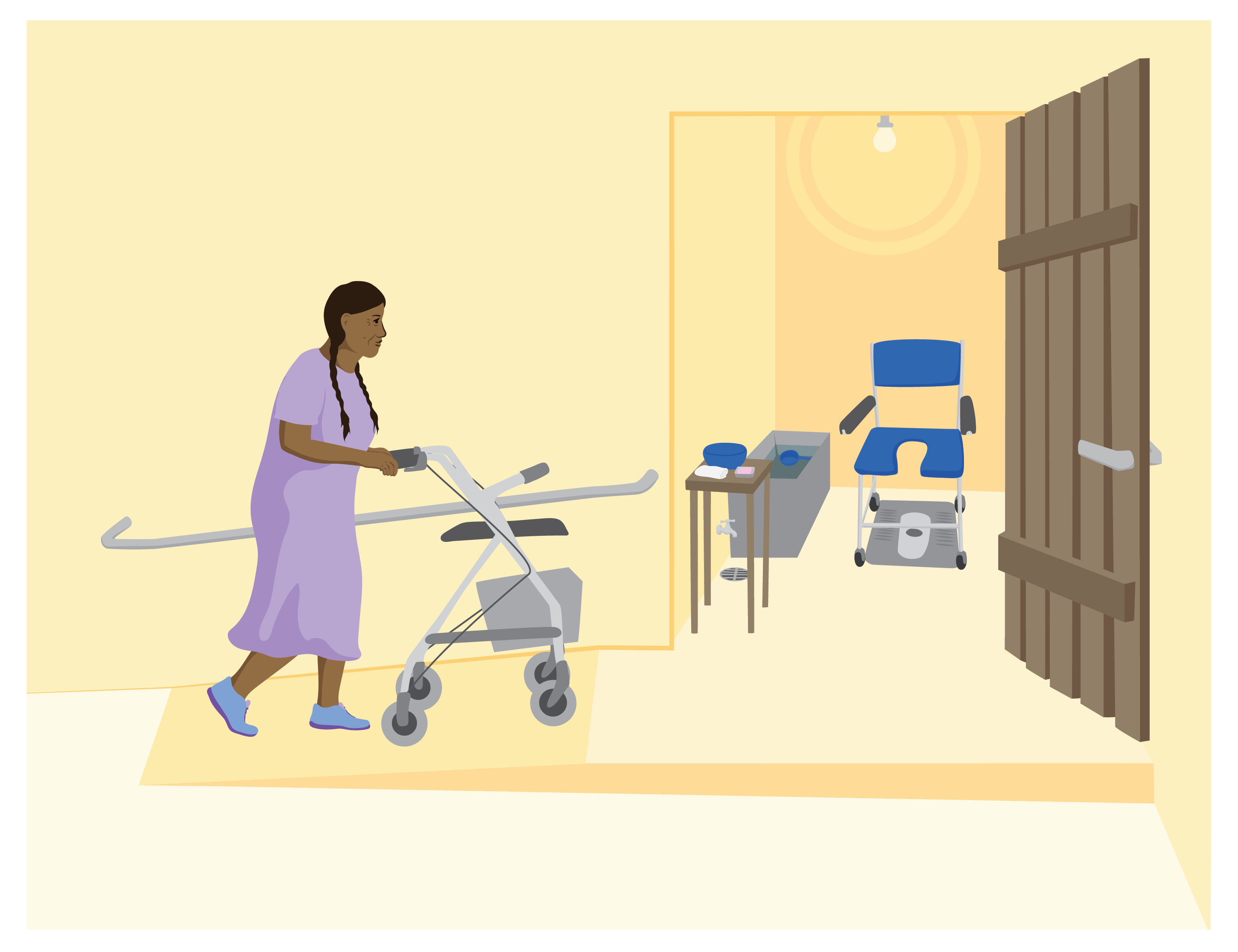 Sofia walks up a ramp using her rollator to get to her bathroom. A toilet chair with armrests is placed over a squatting toilet. A basin with soap is provided. There is a door and the doorway is wide enough to fit Sofia’s rollator and for her to get inside.