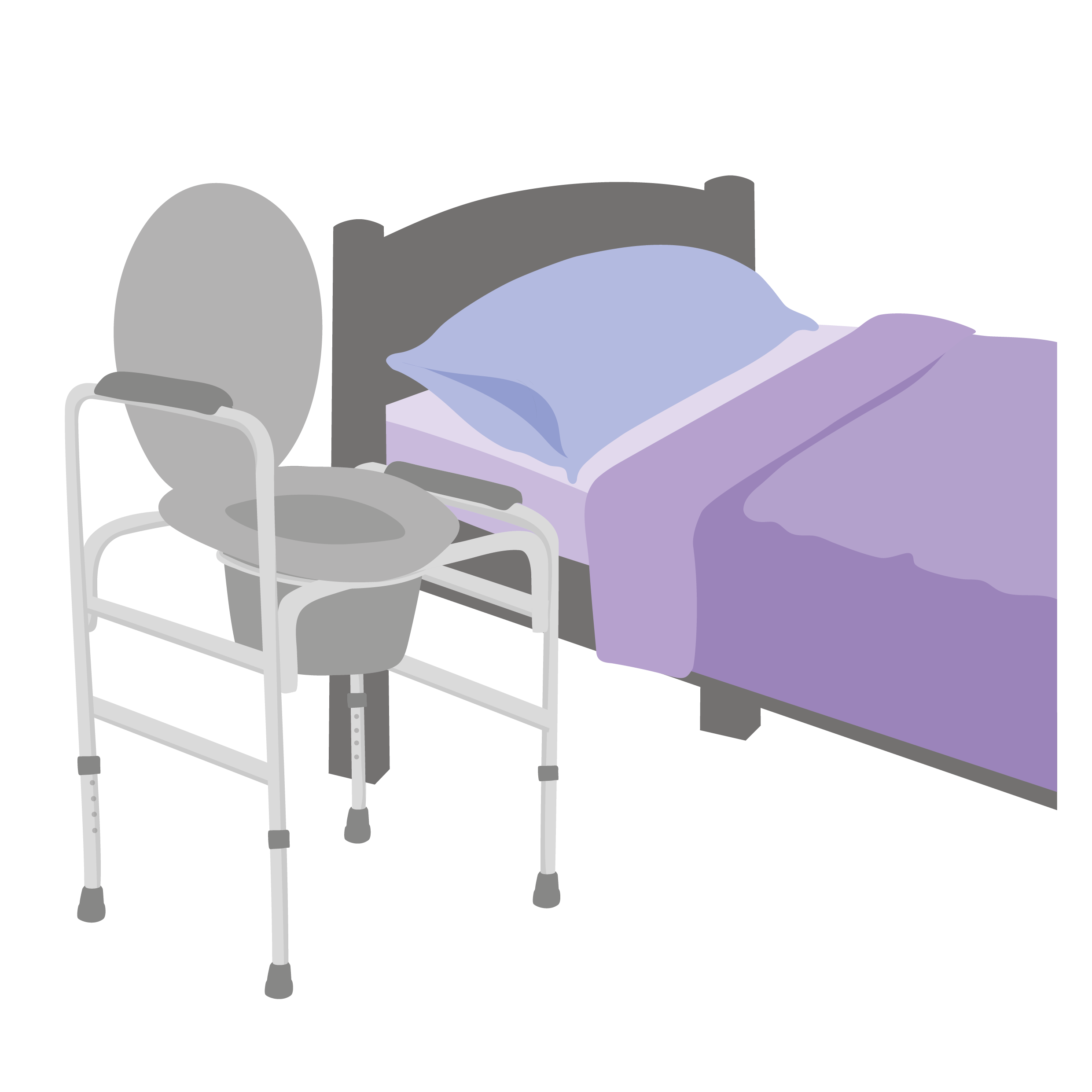 A toilet chair with bucket sits next to a bed with the armrest nearest the bed down.