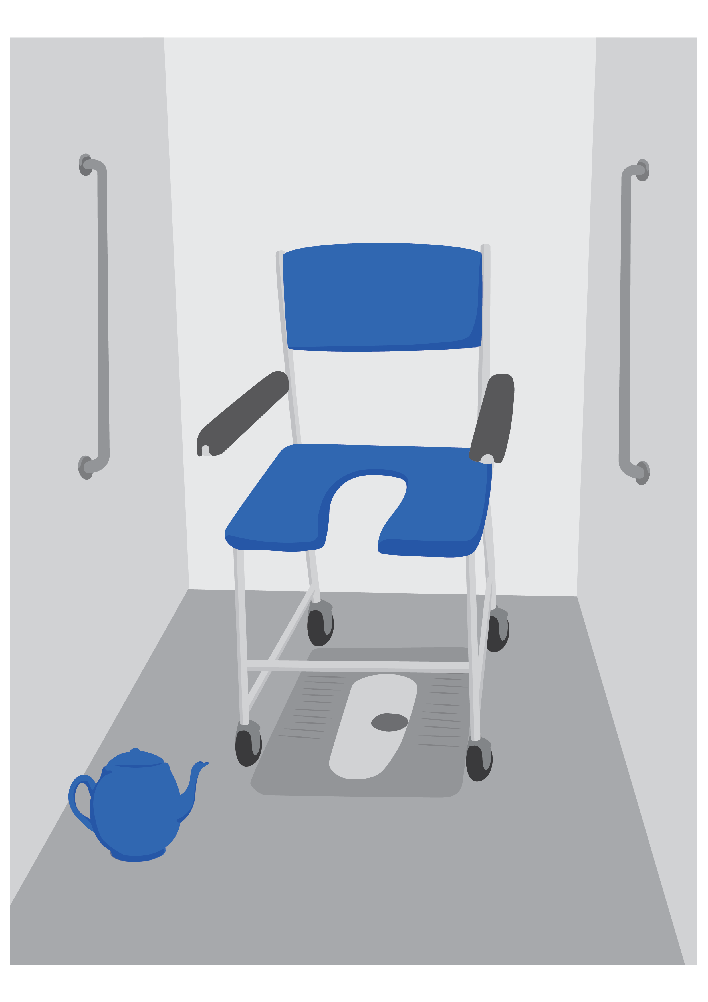 A padded shower chair with castor wheels placed over a squat toilet. There are grab bars on the walls.