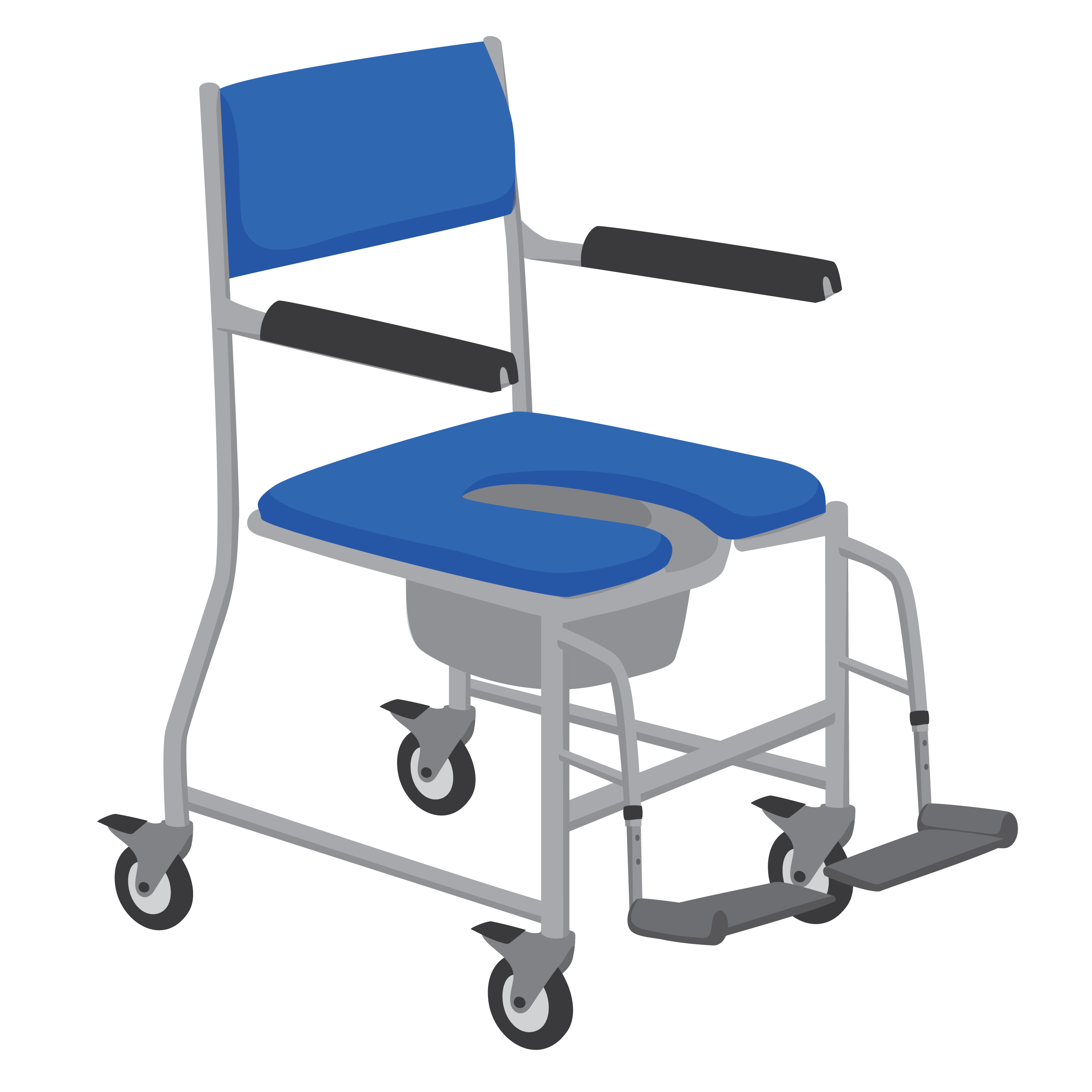 A padded chair with a cut out in the seat and a bucket attached underneath. It has castor wheels on the legs and footrests.