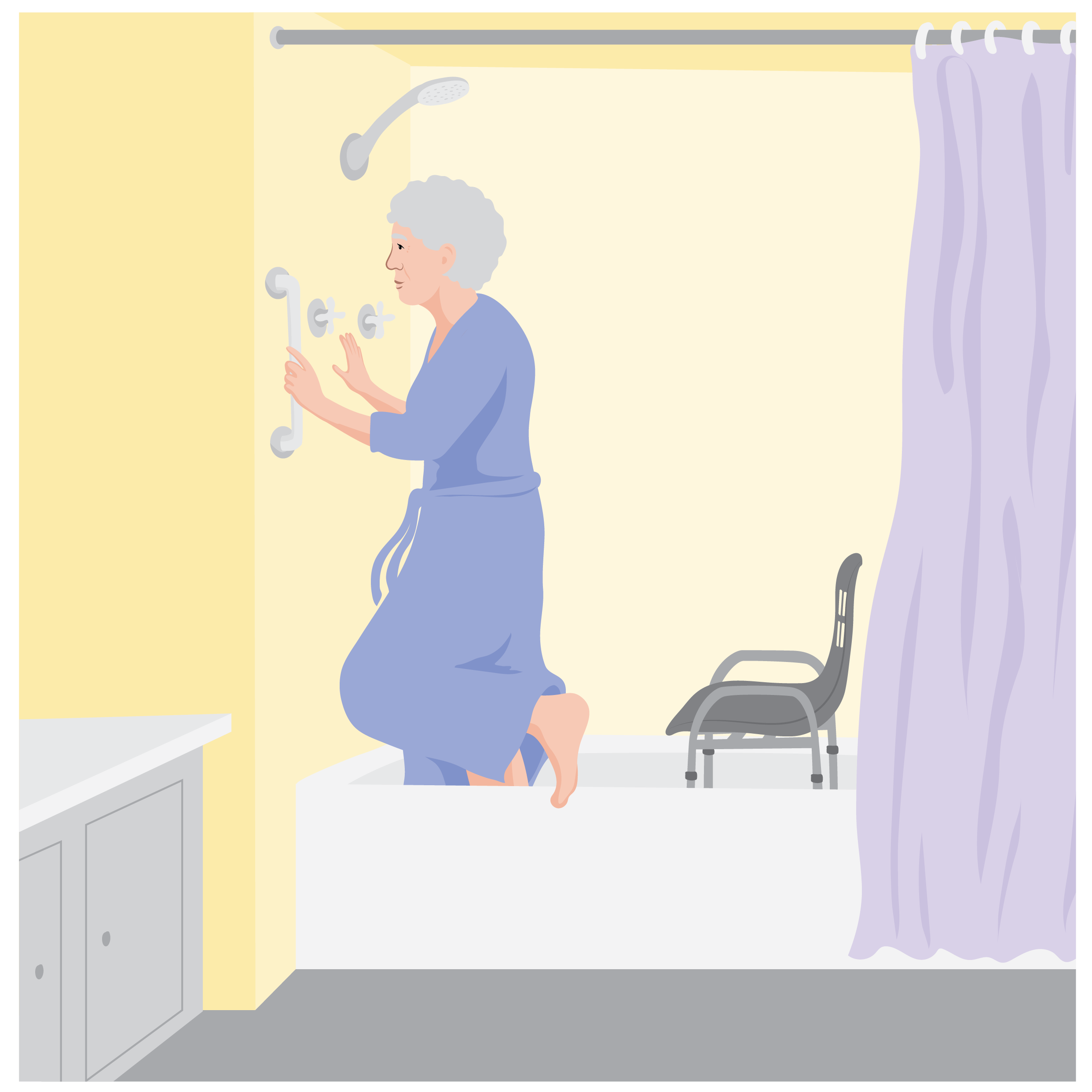An older women dressed in a bath robe is halfway through stepping into a bath. She is holding onto a grab bar on the wall. Her shower chair is directly behind her.