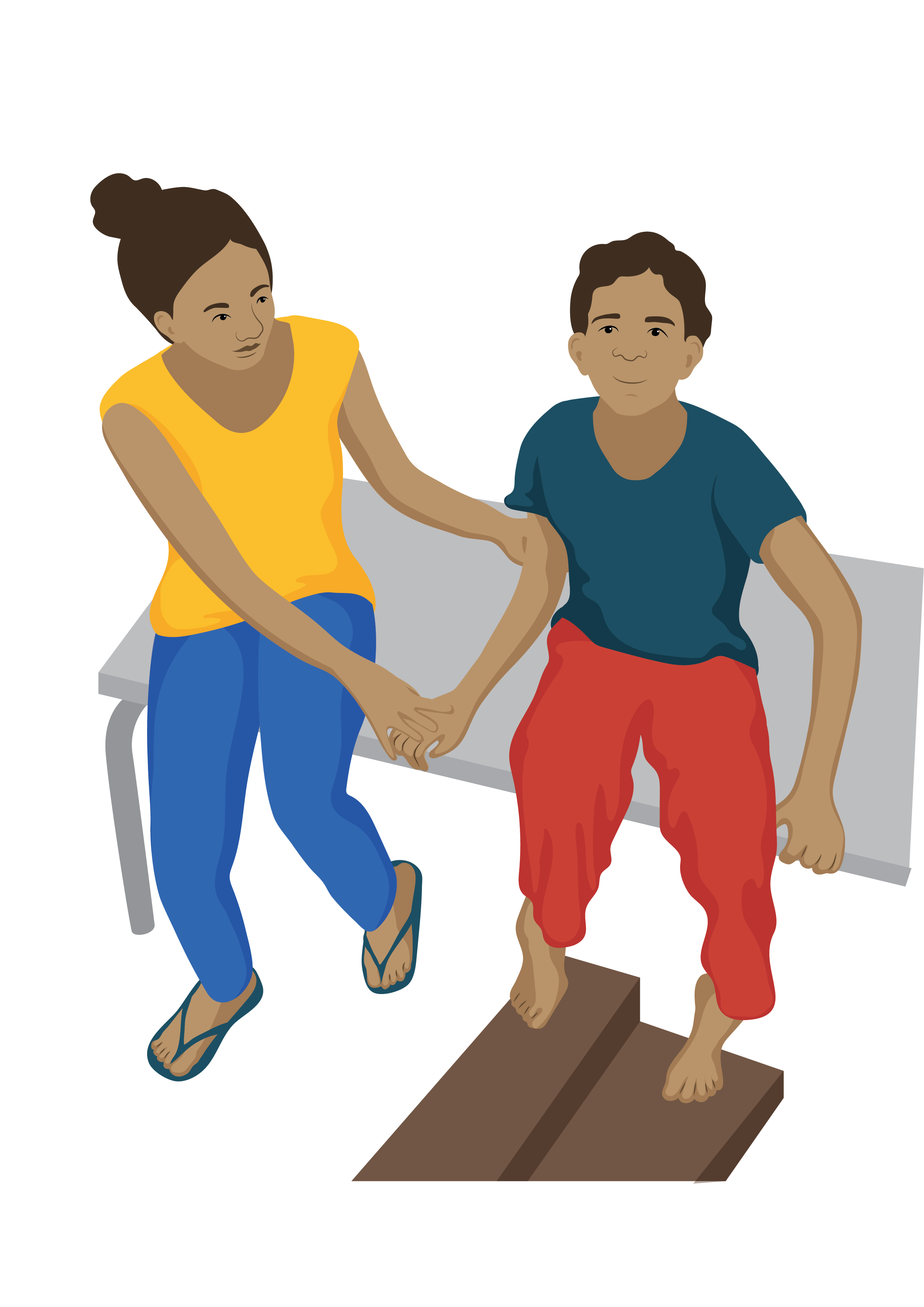 Firoz, a young boy, sits on a bench with his feet on small steps. His mum sits next to him and holds his arm.