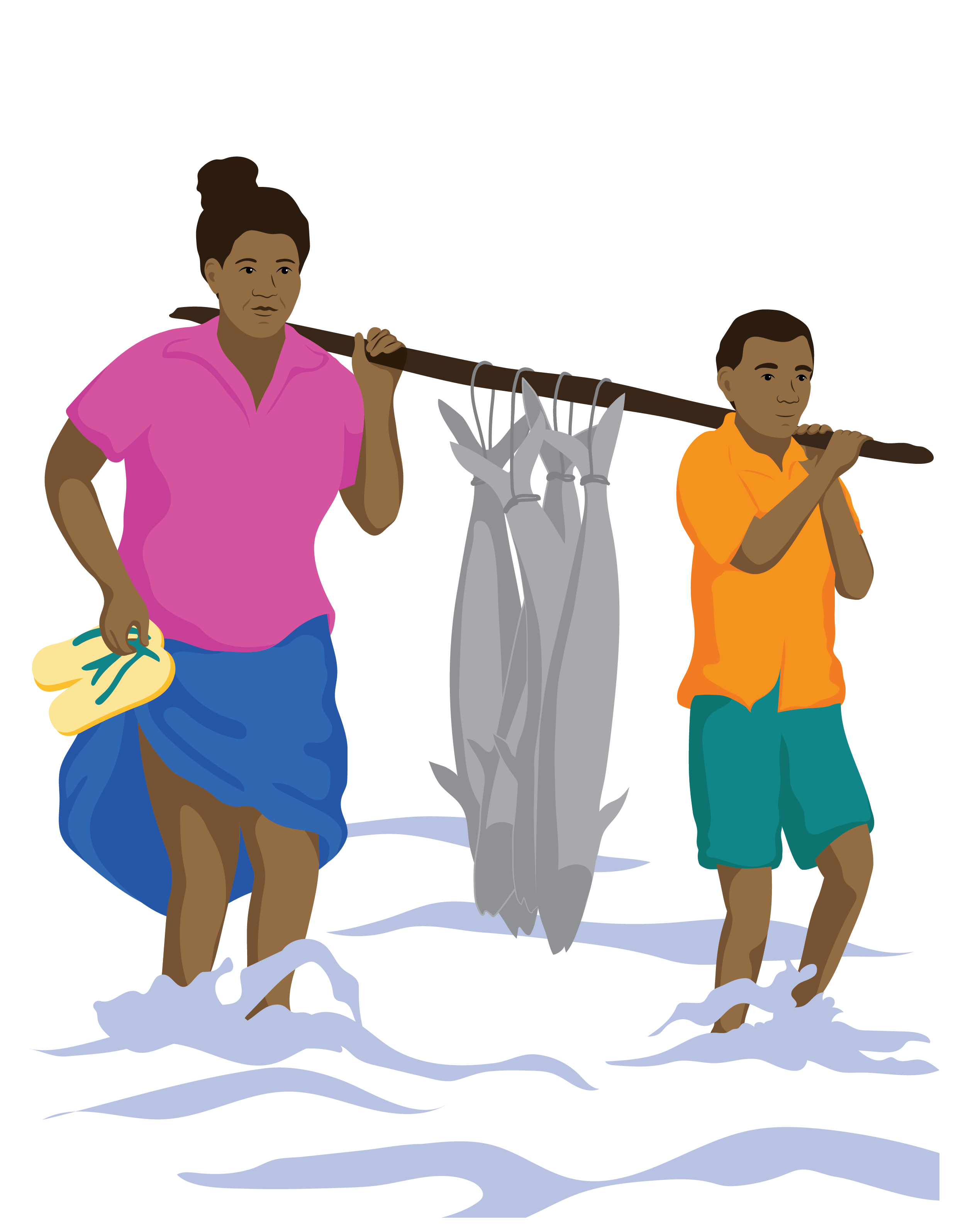 Josephina and a young boy walk through shallow water. They carry a long stick on their shoulders, with large fish hanging from it.